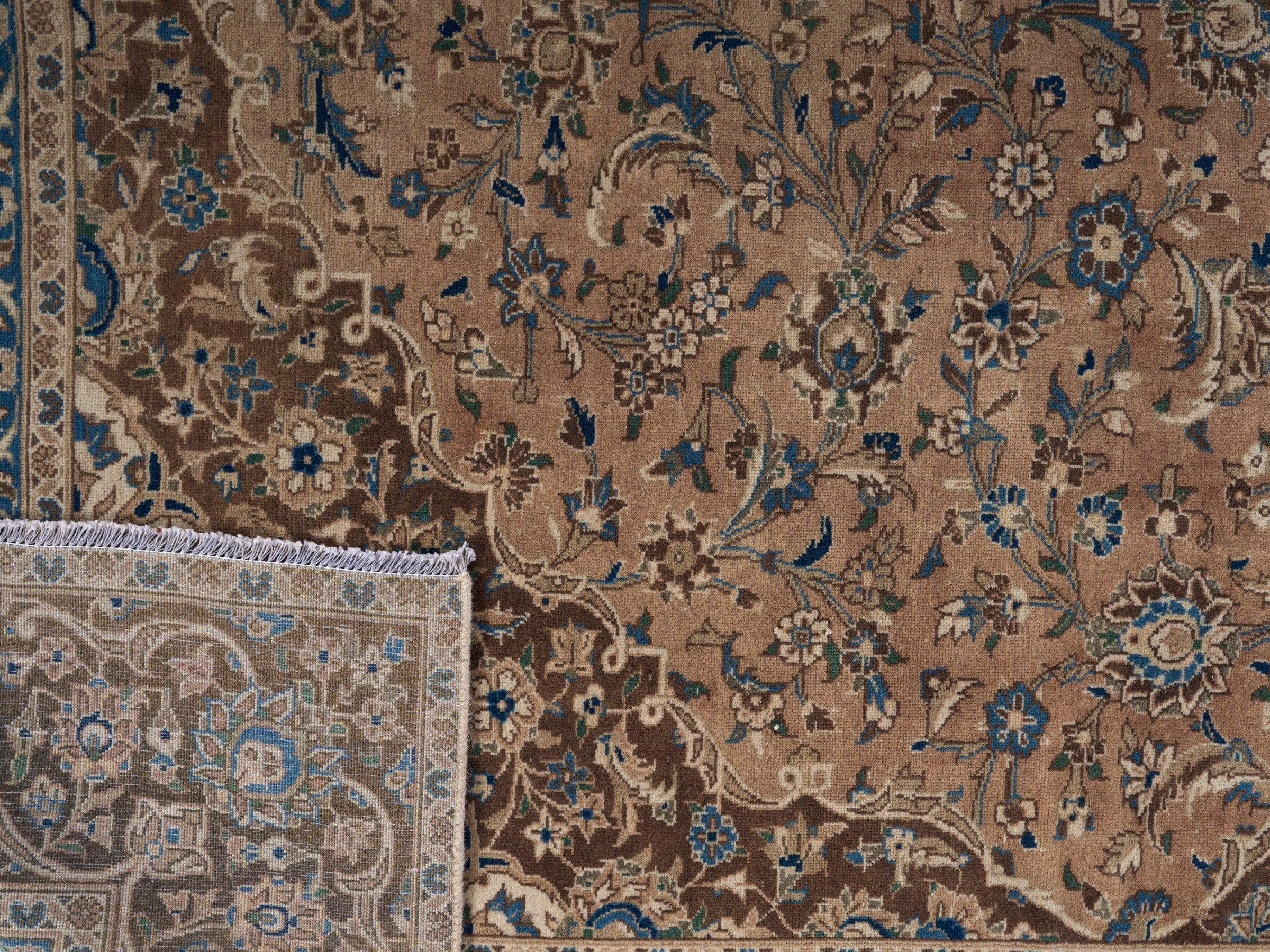 Persian Kashan oversized rug in tan and brown, view 15 of 15