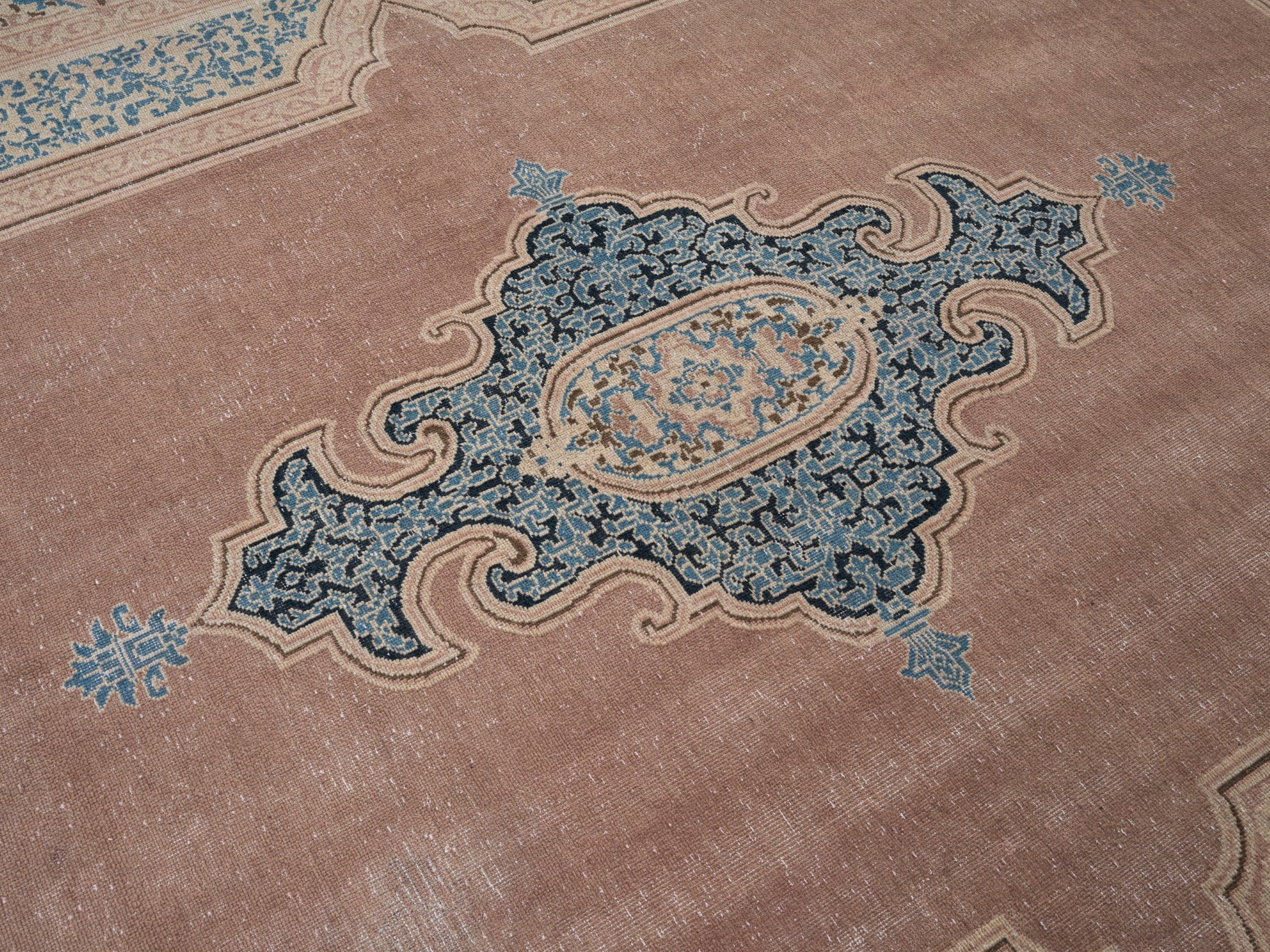 Persian Kerman oversized rug in dusty rose and teal, view 12 of 15