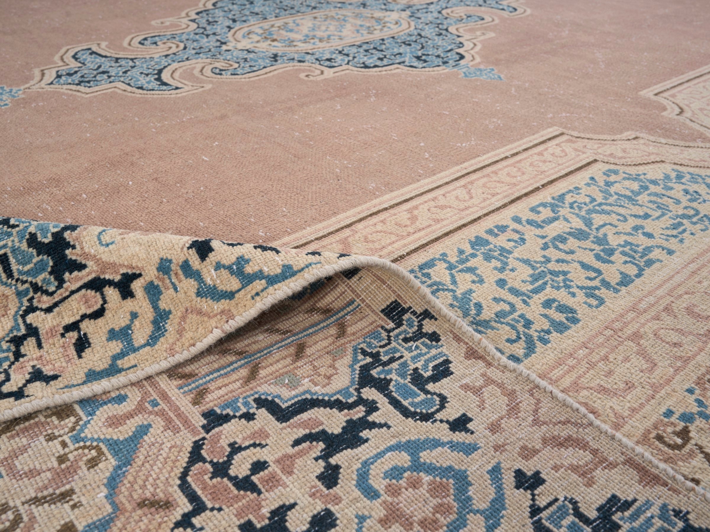 Persian Kerman oversized rug in dusty rose and teal, view 14 of 15