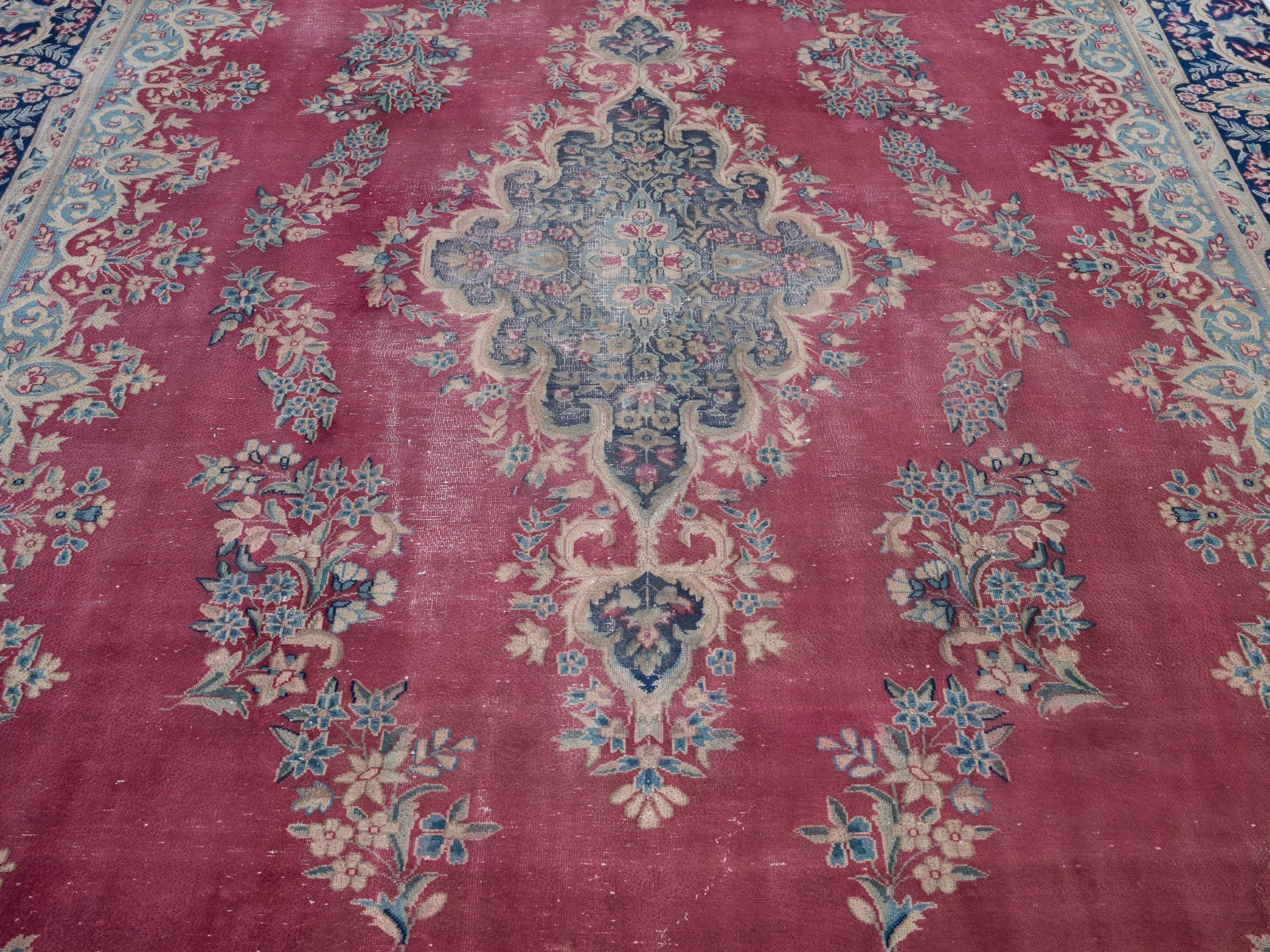 Persian Kerman oversized rug in rose and navy, view 4 of 15
