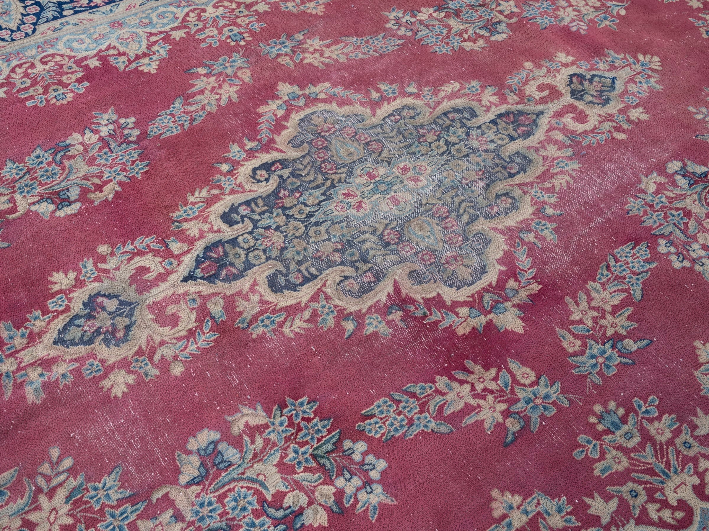 Persian Kerman oversized rug in rose and navy, view 12 of 15