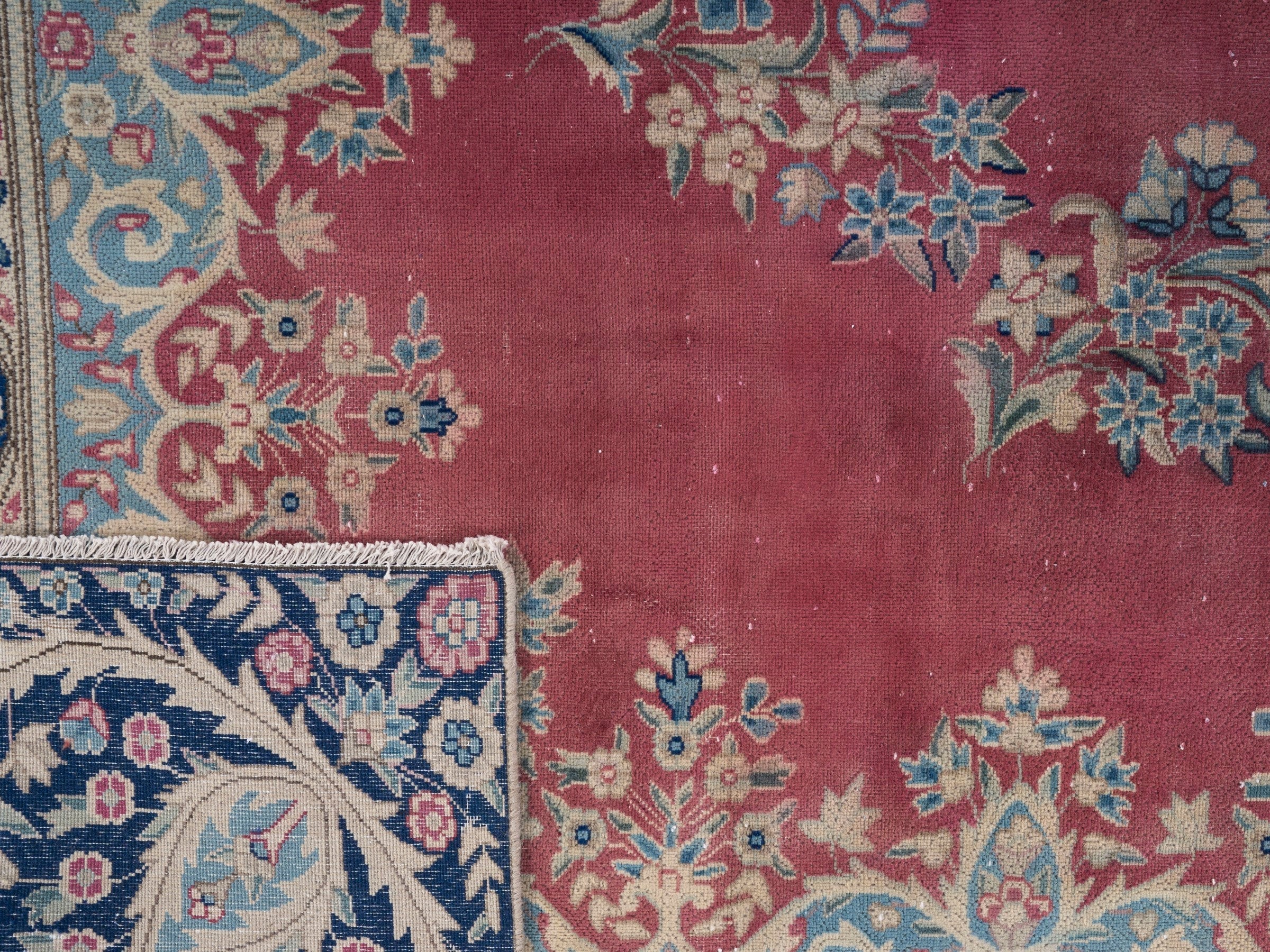 Persian Kerman oversized rug in rose and navy, view 15 of 15