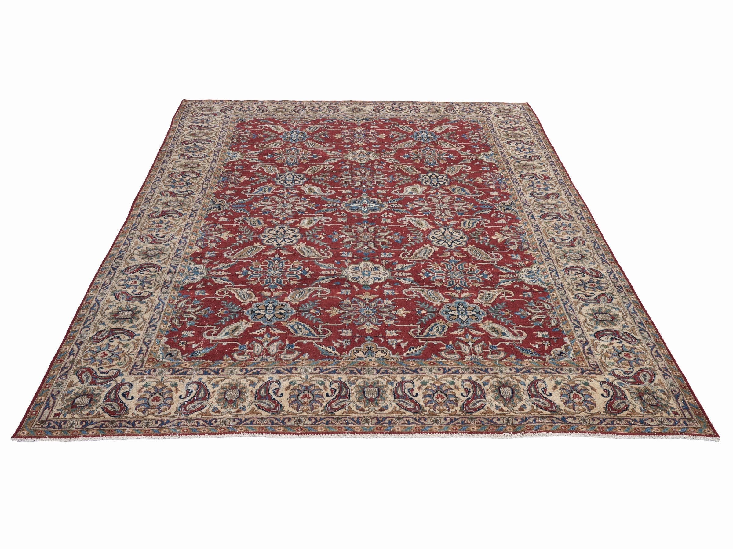 Persian Yazd oversized rug in burgundy and cream, view 2 of 15