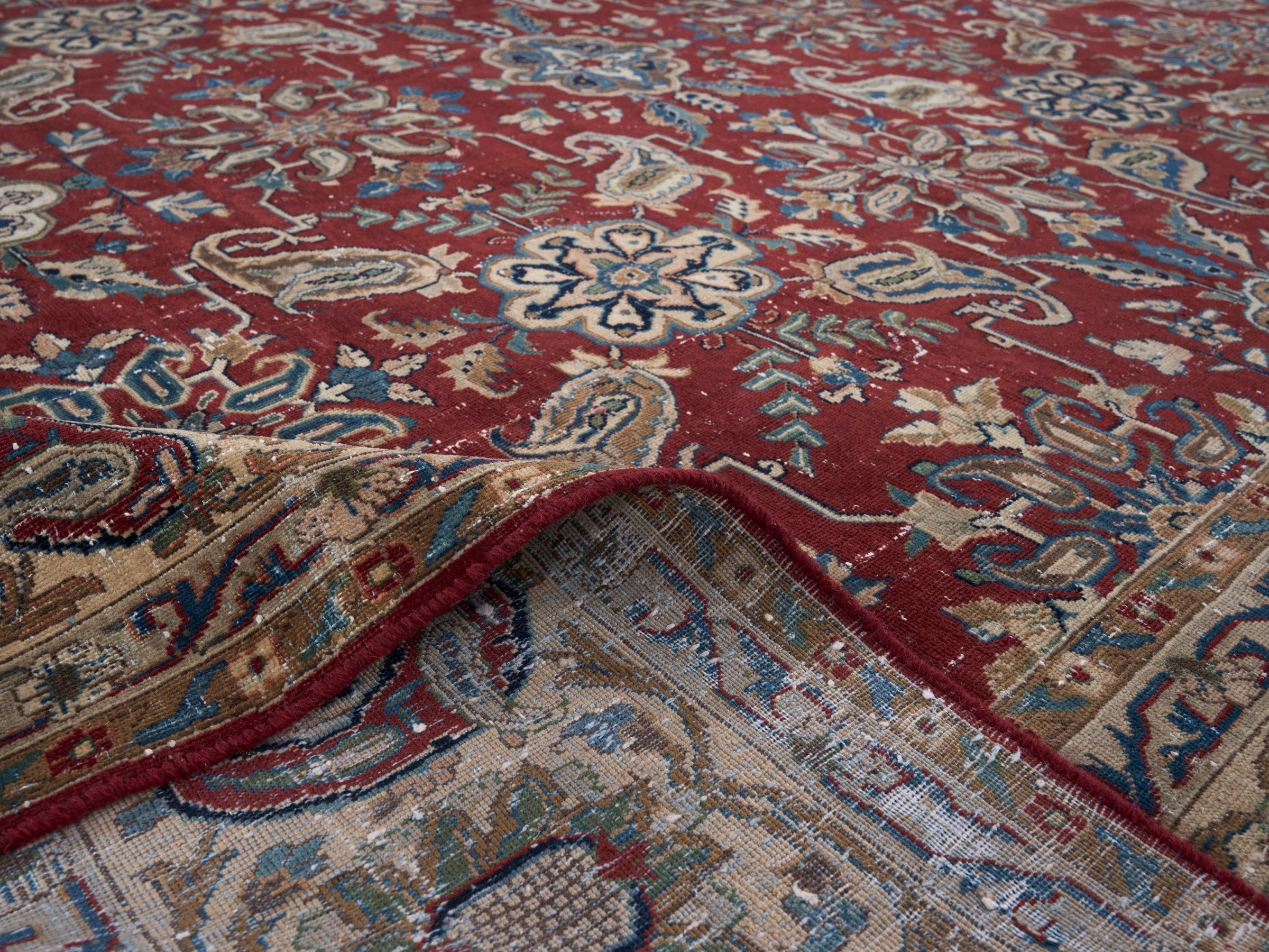 Persian Yazd oversized rug in burgundy and cream, view 14 of 15