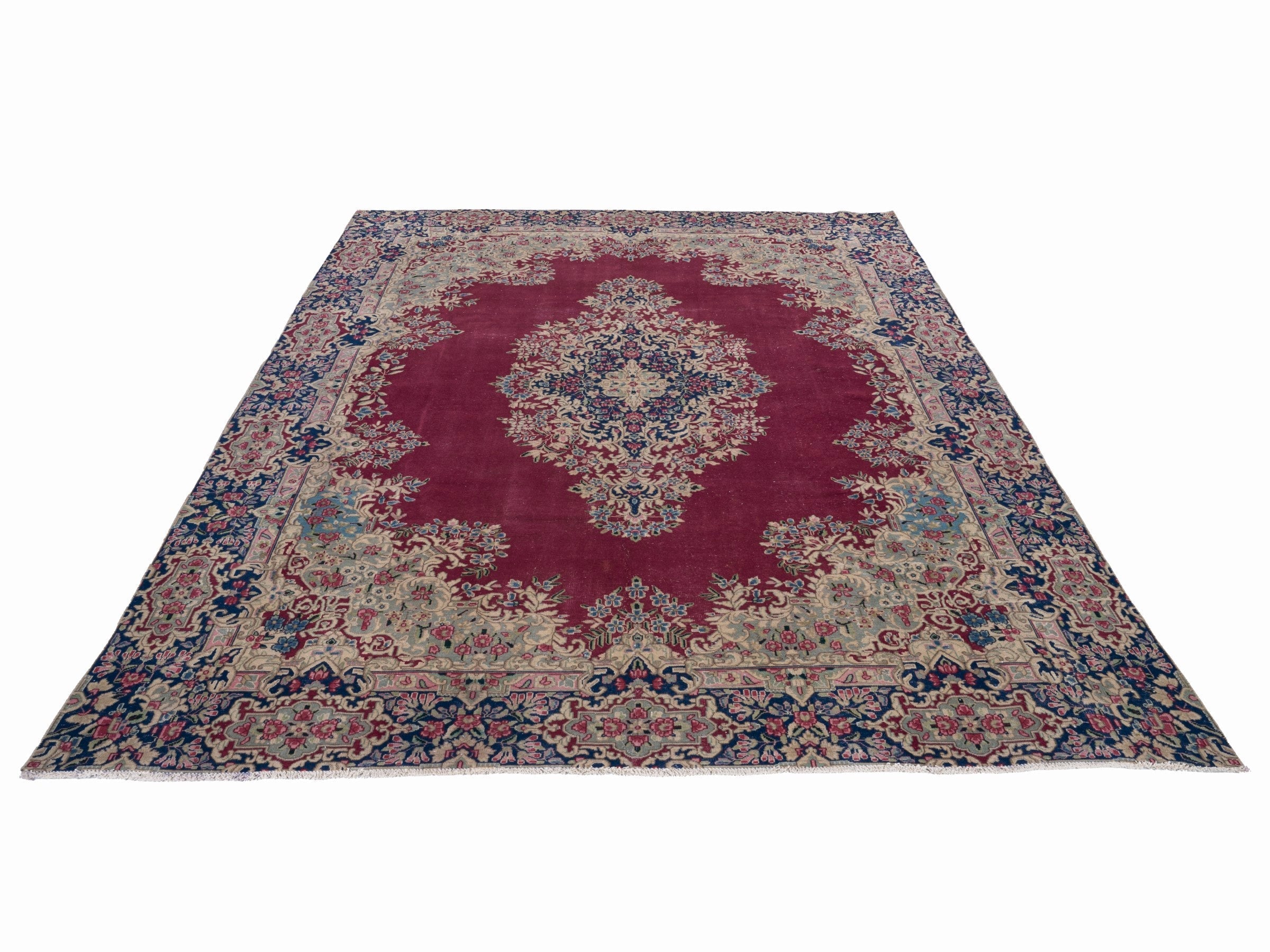 Persian Kerman oversized rug in deep red and navy, view 2 of 15