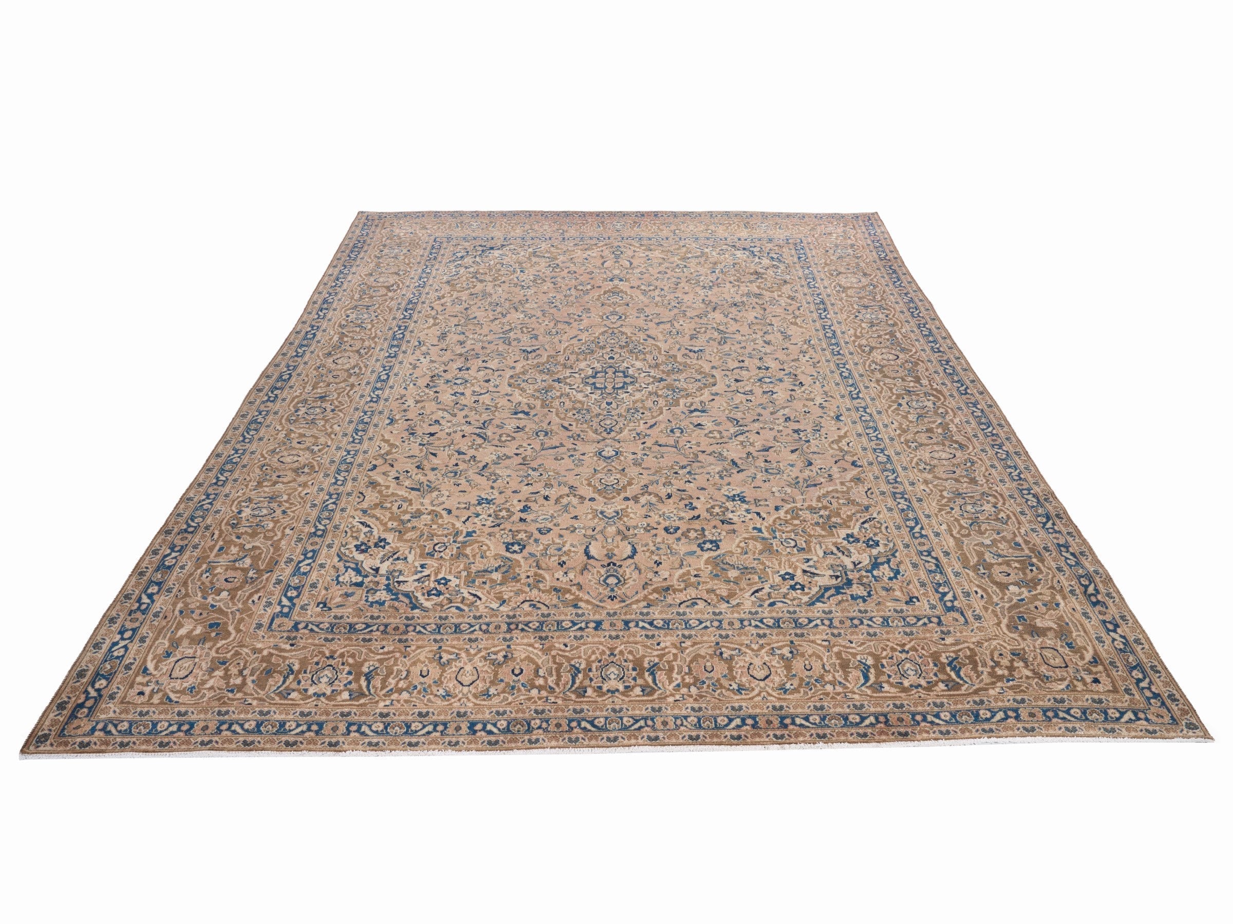 Persian Kashan oversized rug in beige and denim, view 2 of 15