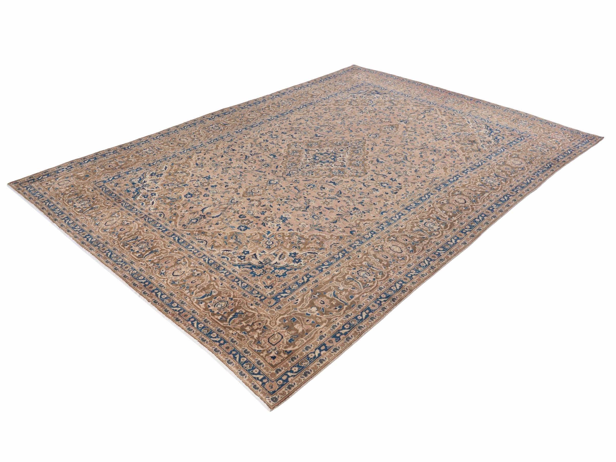 Persian Kashan oversized rug in beige and denim, view 3 of 15