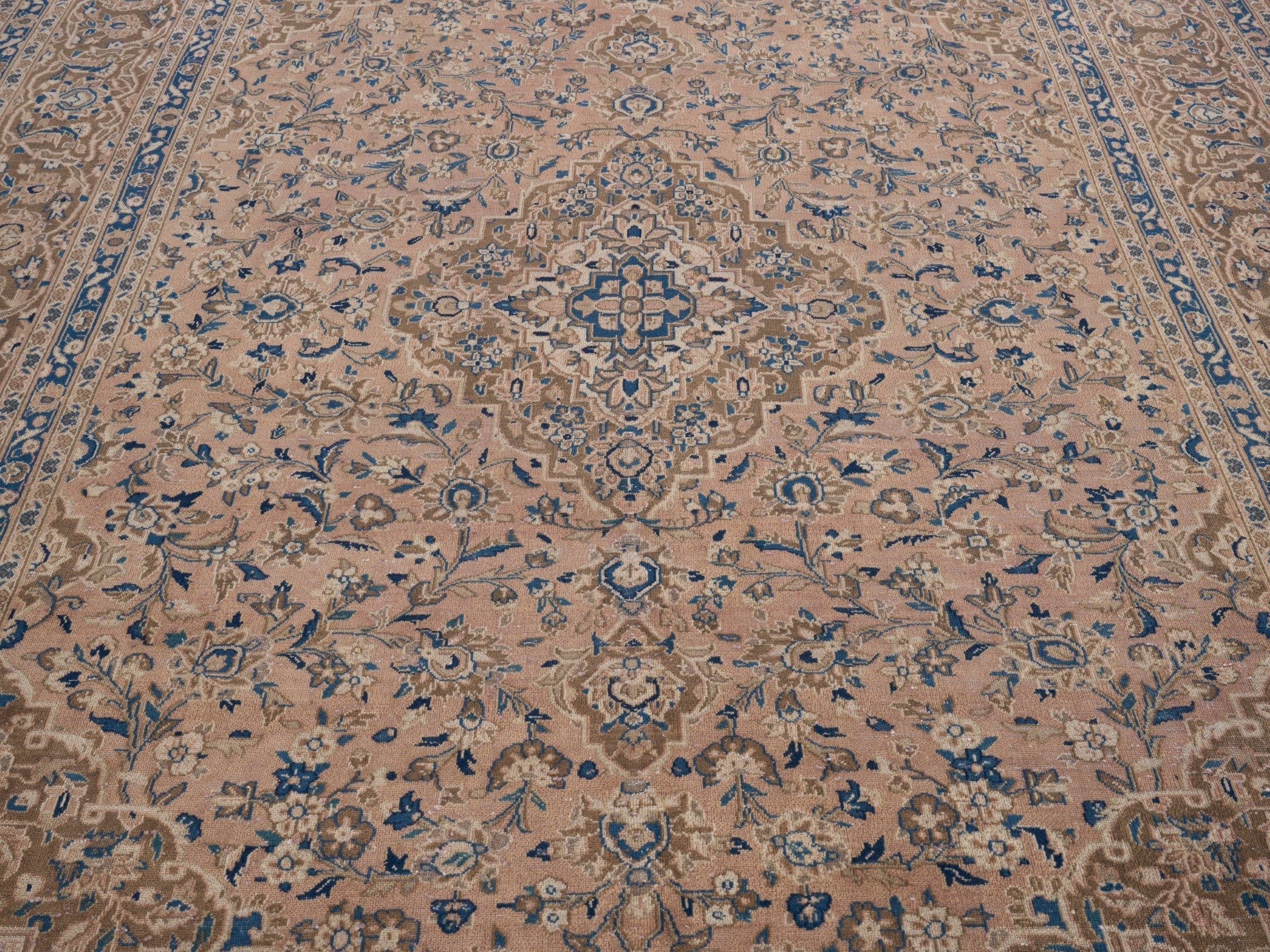 Persian Kashan oversized rug in beige and denim, view 4 of 15