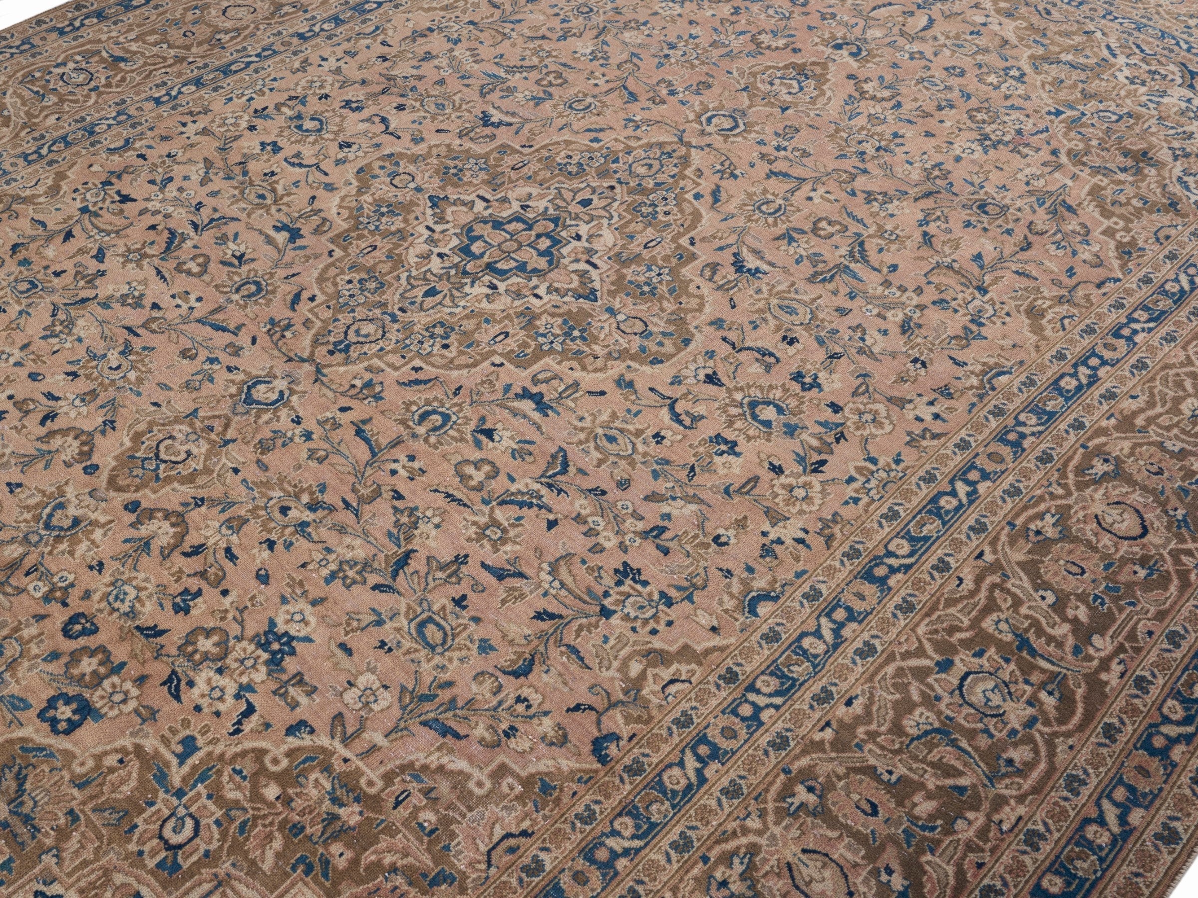 Persian Kashan oversized rug in beige and denim, view 5 of 15