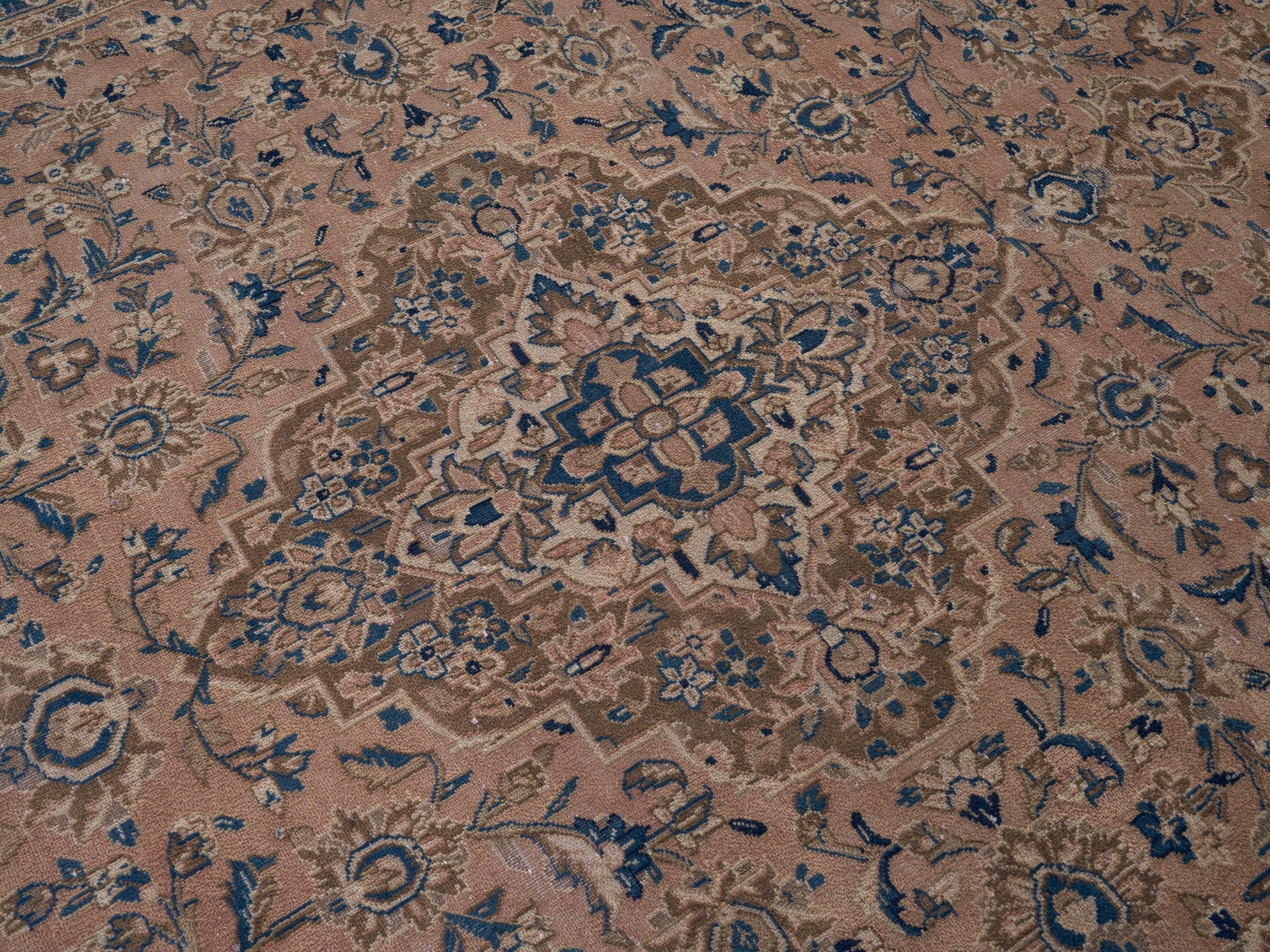 Persian Kashan oversized rug in beige and denim, view 12 of 15