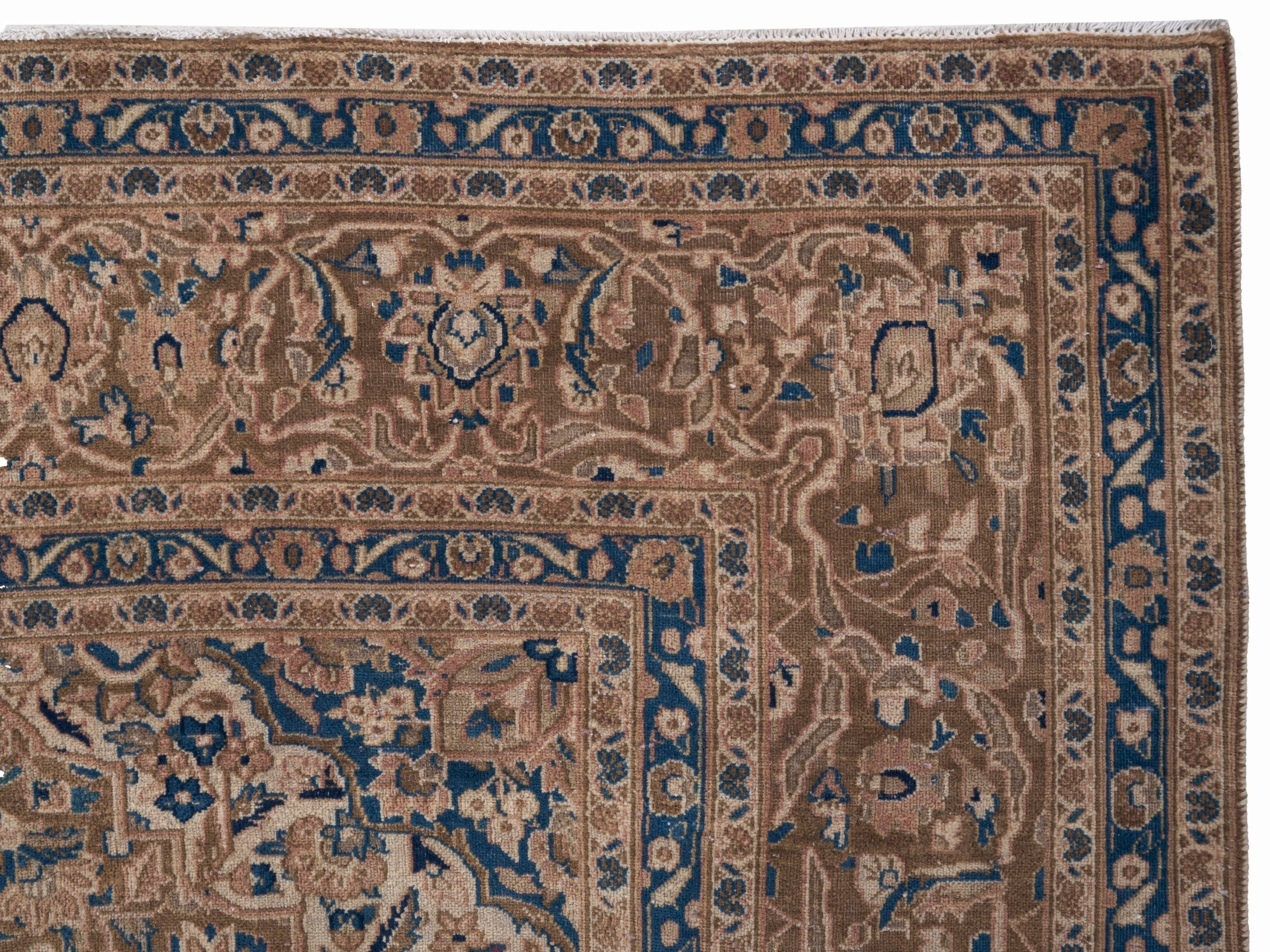 Persian Kashan oversized rug in beige and denim, view 13 of 15