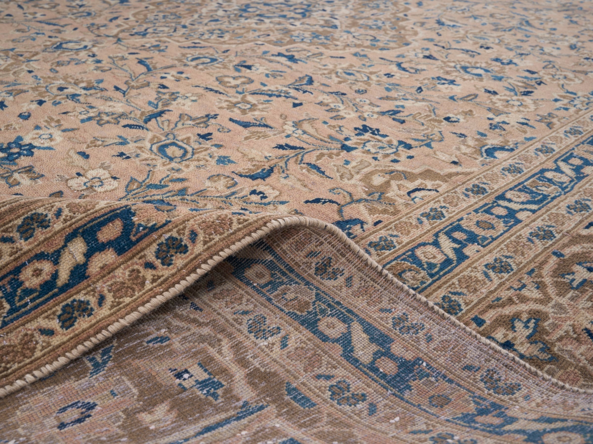 Persian Kashan oversized rug in beige and denim, view 14 of 15
