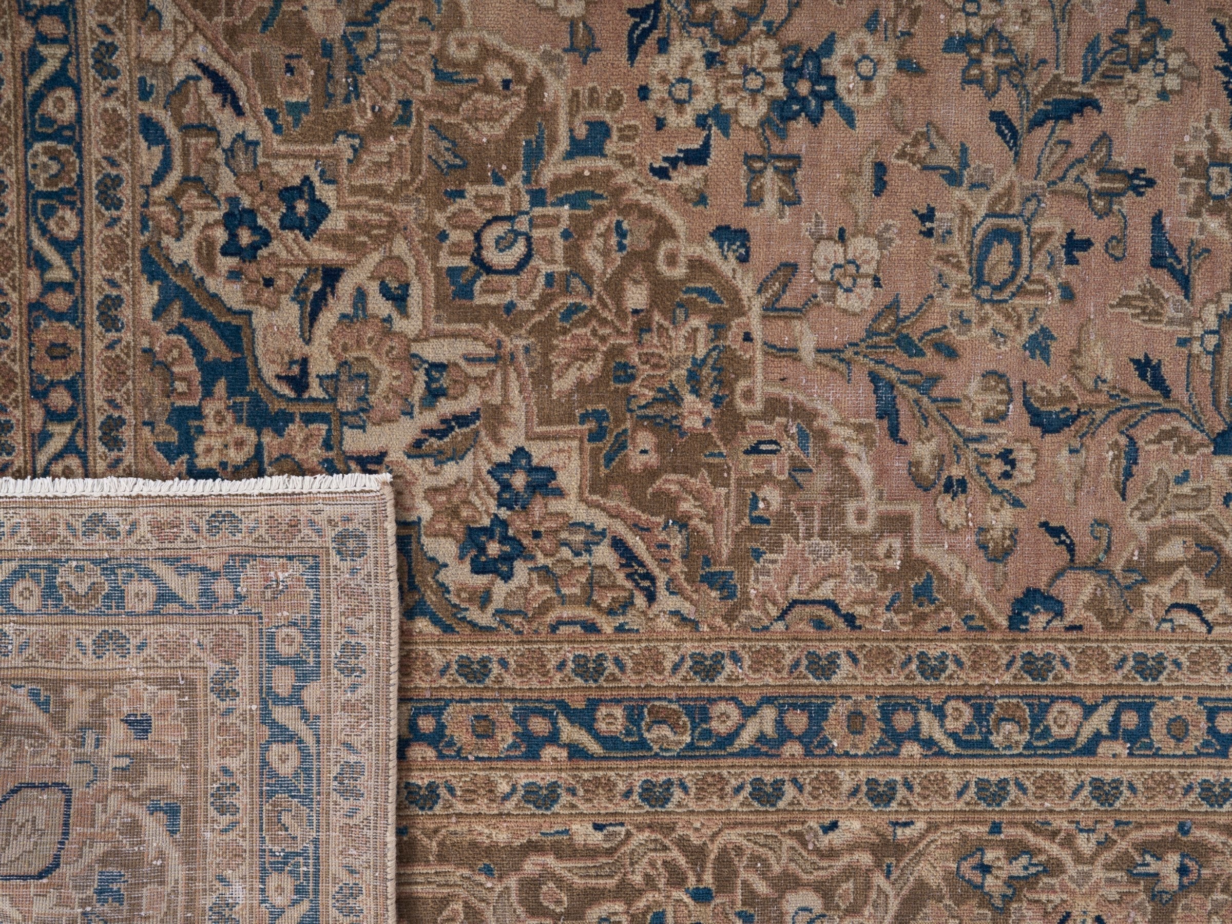 Persian Kashan oversized rug in beige and denim, view 15 of 15