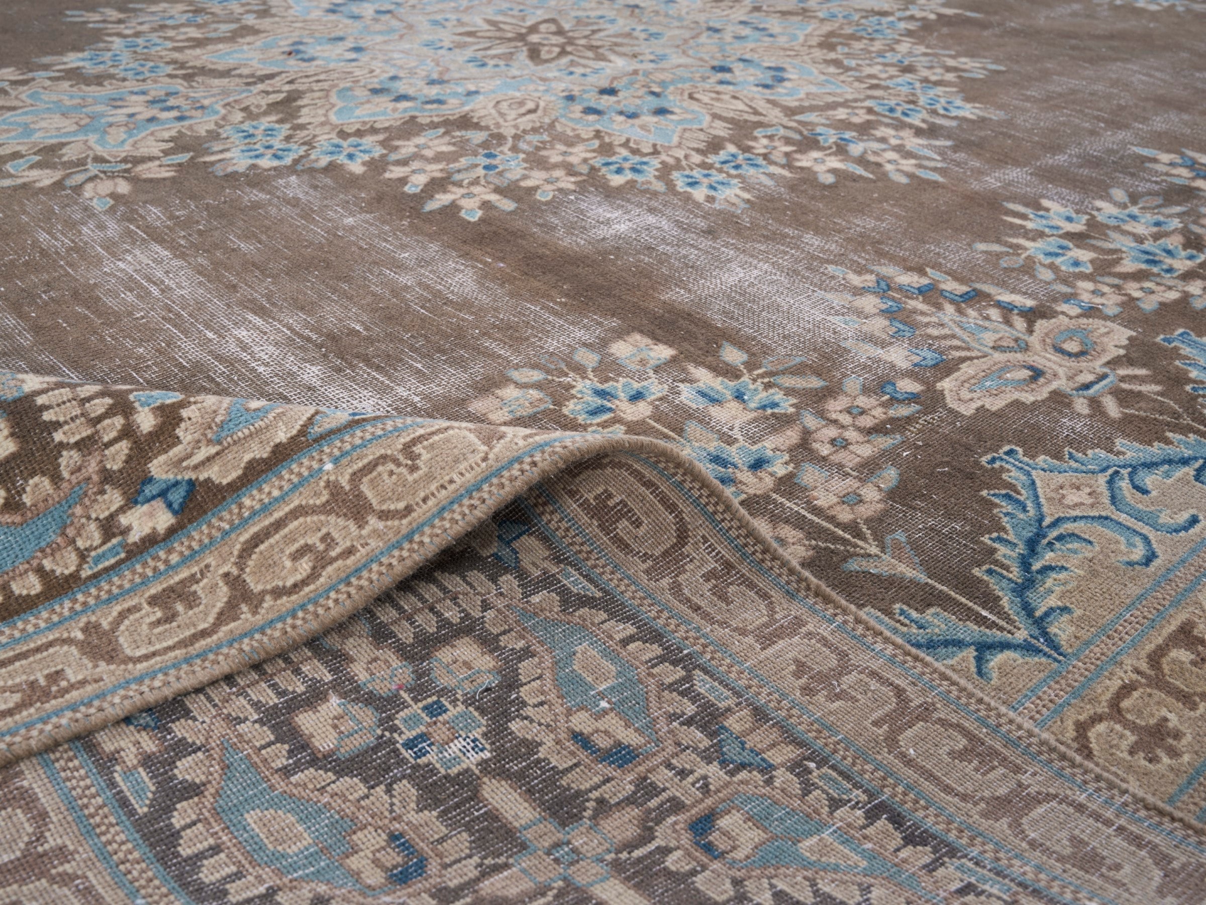 Persian Kerman oversized rug in taupe and cream, view 14 of 15