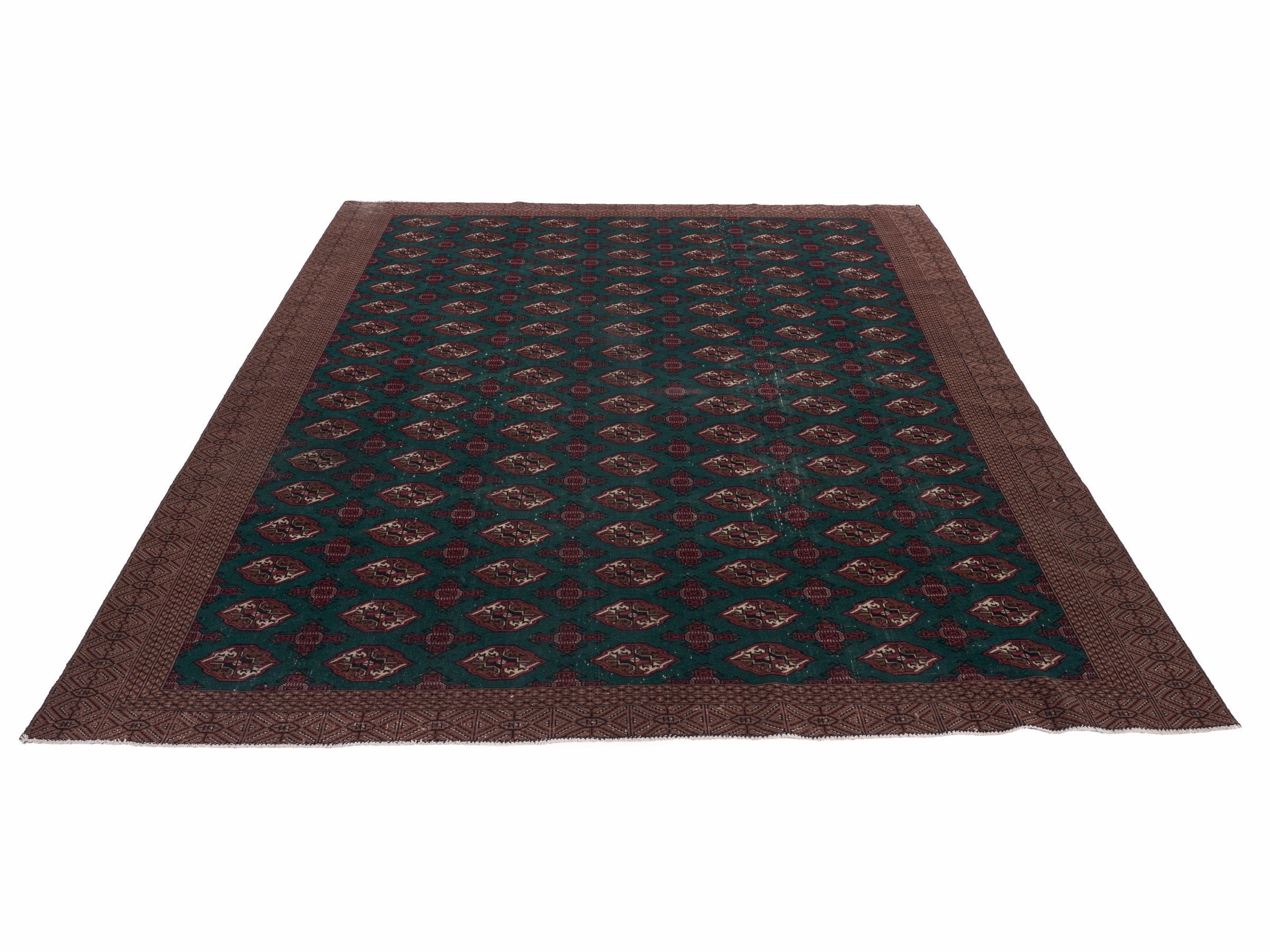 Persian Torkaman oversized rug in teal and clay, view 2 of 15