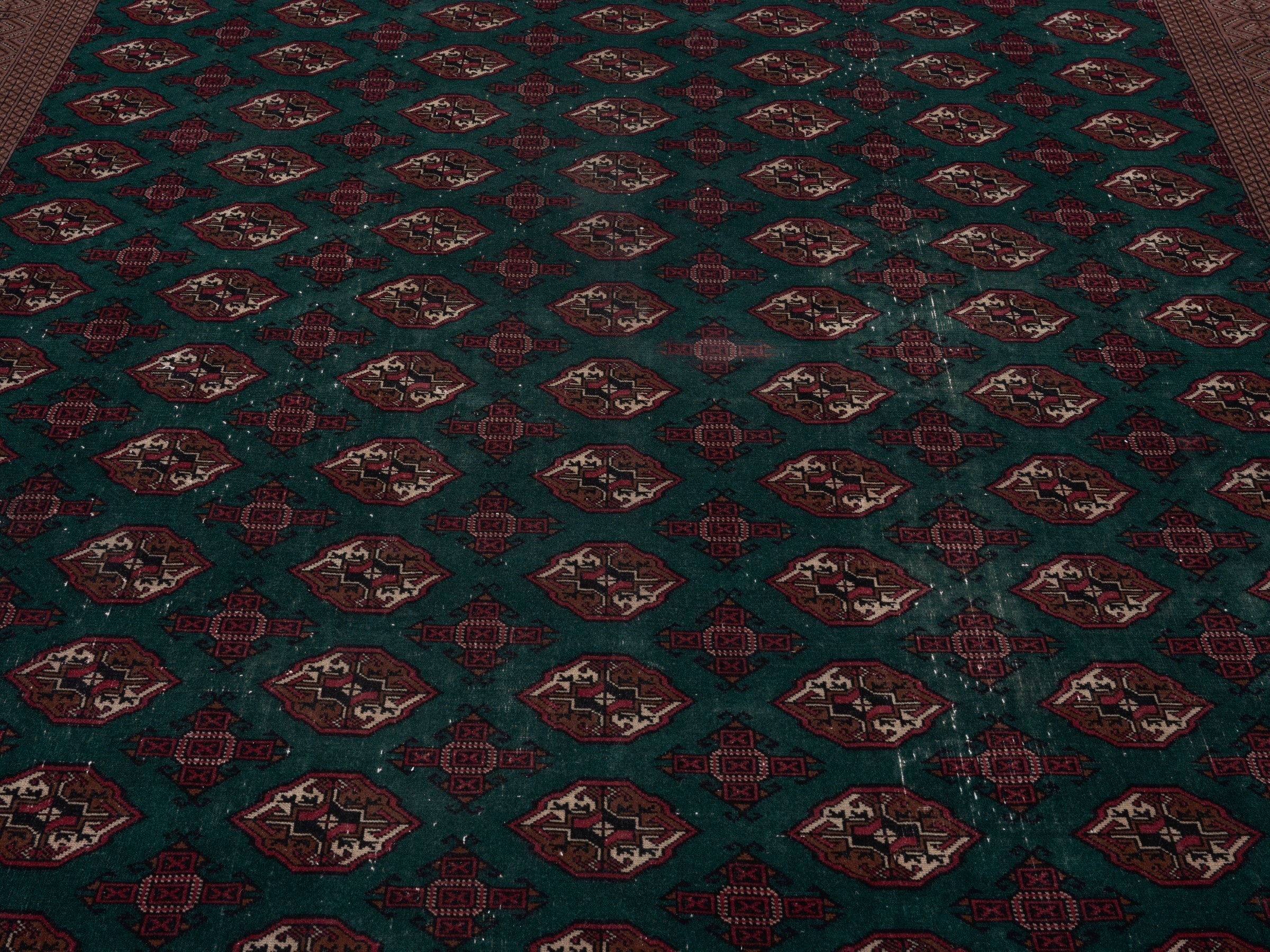 Persian Torkaman oversized rug in teal and clay, view 4 of 15