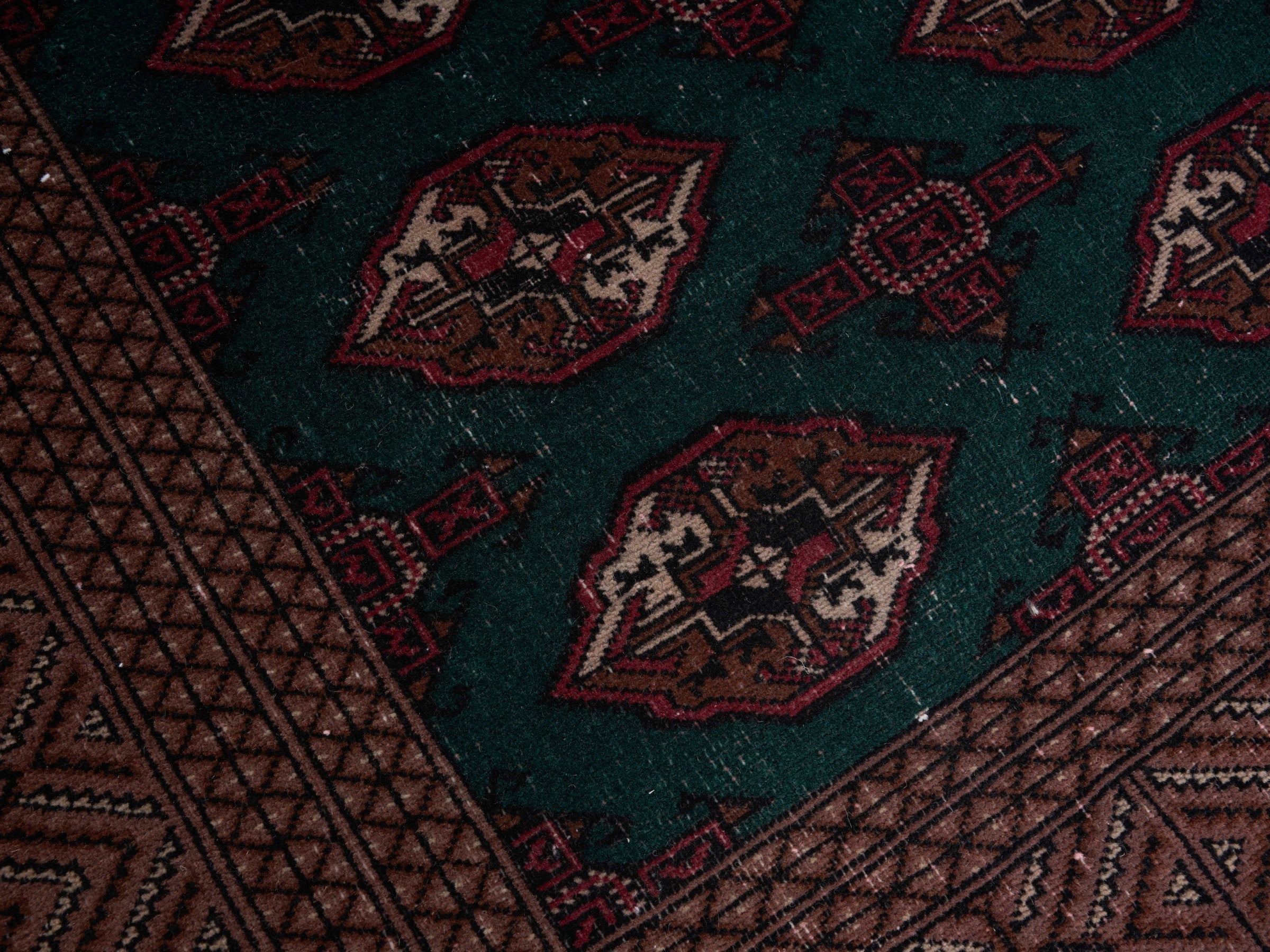 Persian Torkaman oversized rug in teal and clay, view 10 of 15