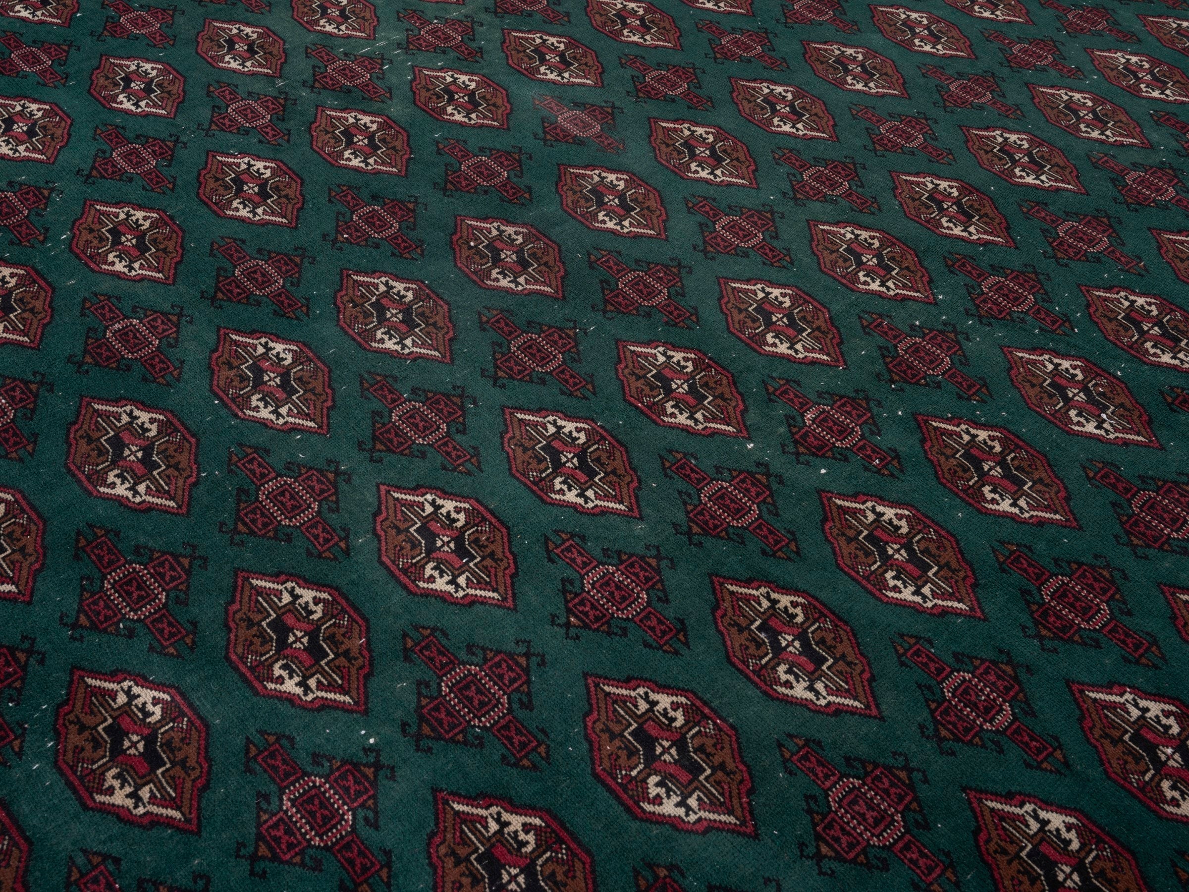 Persian Torkaman oversized rug in teal and clay, view 12 of 15