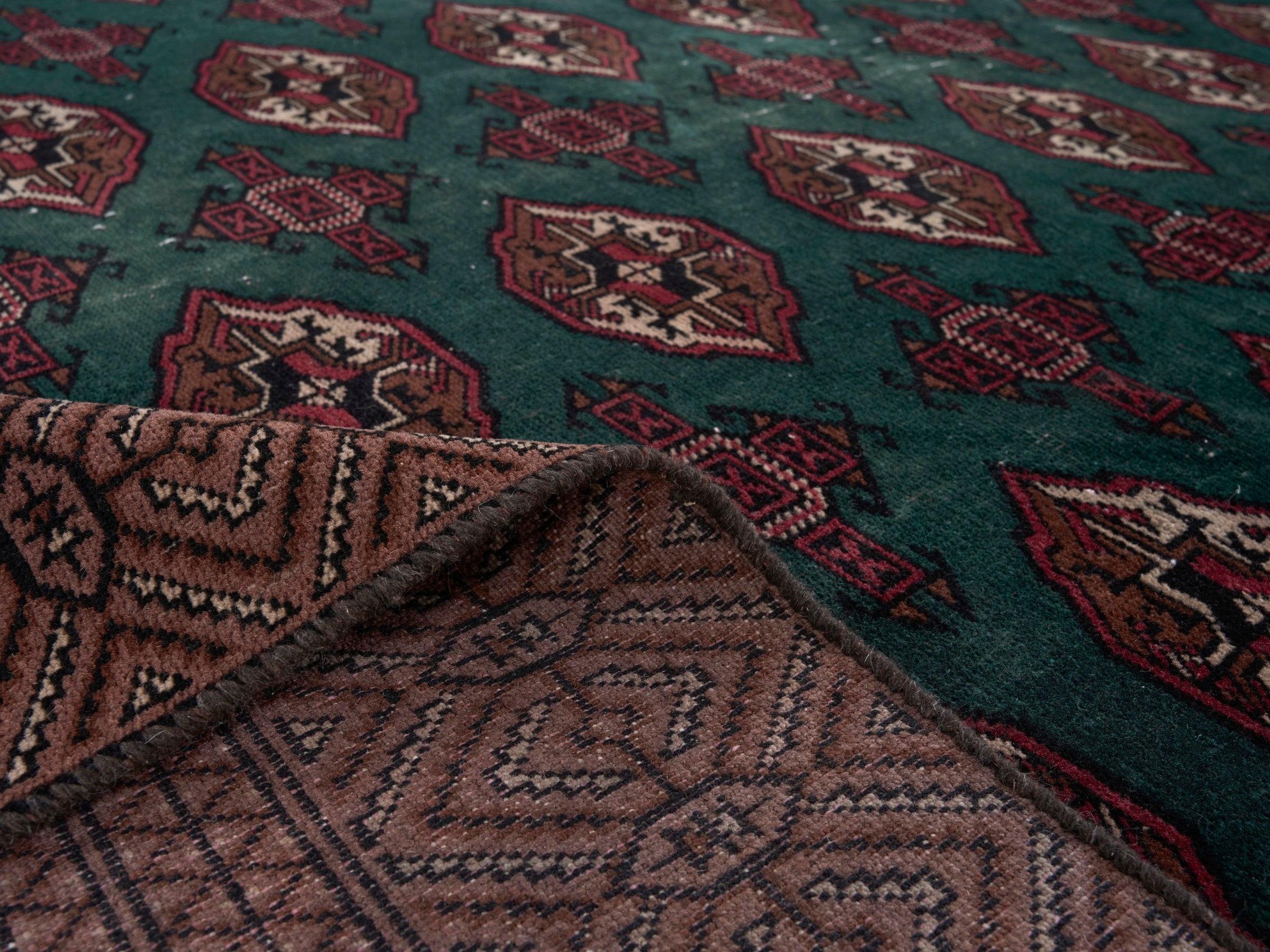 Persian Torkaman oversized rug in teal and clay, view 14 of 15