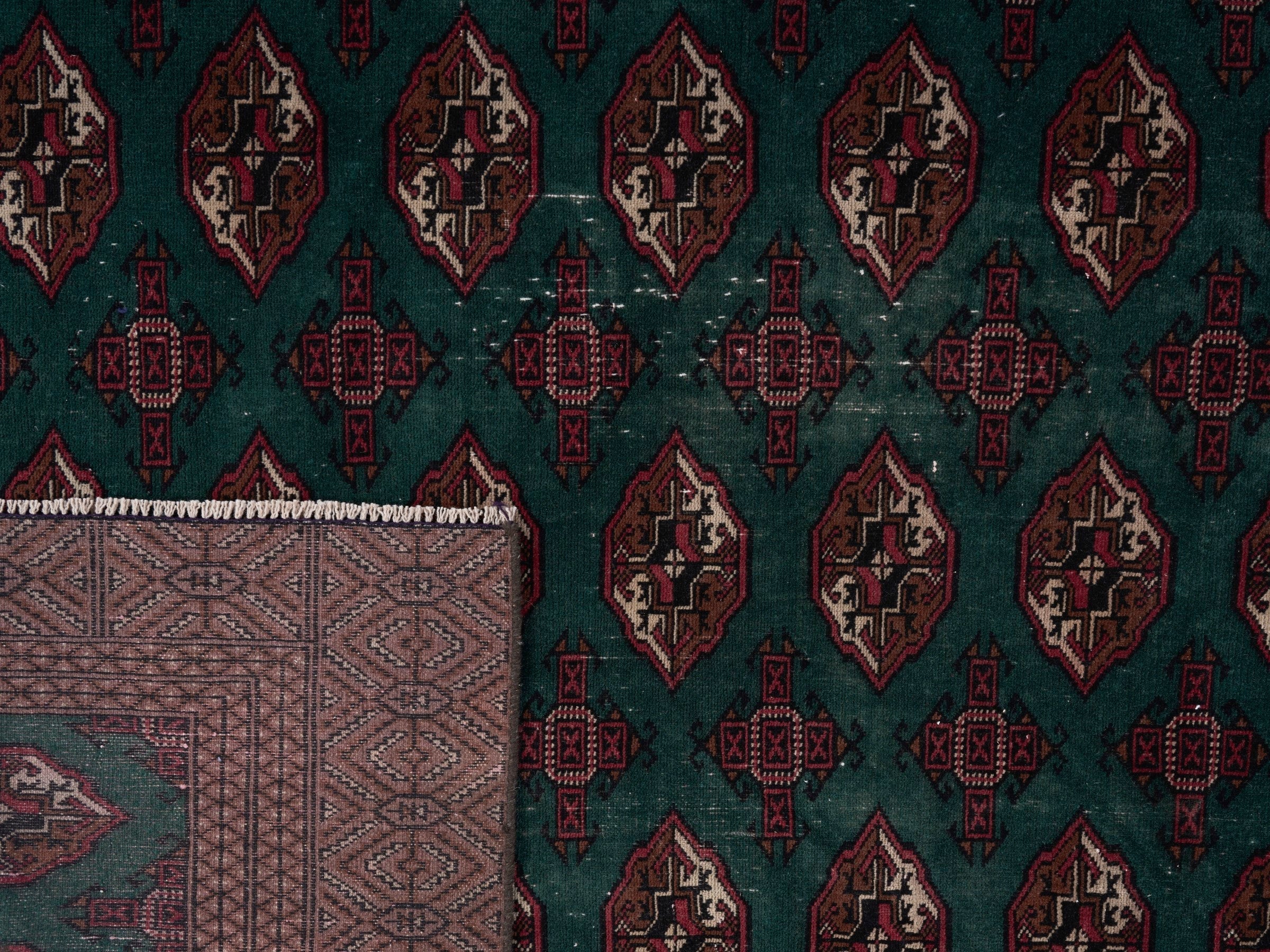 Persian Torkaman oversized rug in teal and clay, view 15 of 15