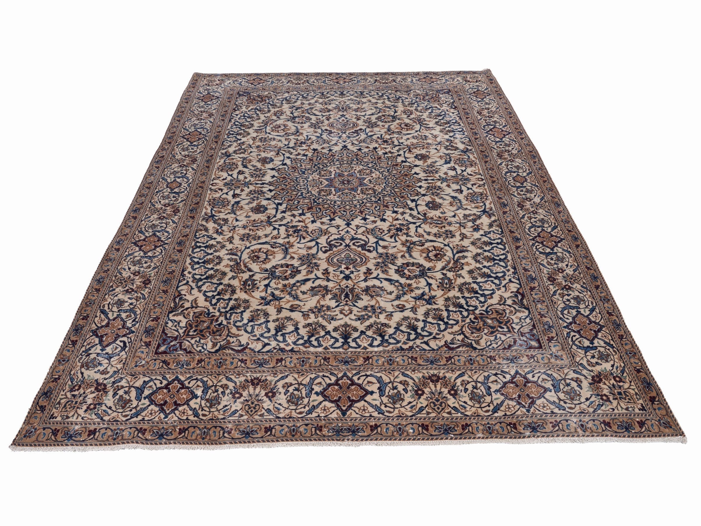 Persian Kashan oversized rug in cream and navy, view 2 of 15
