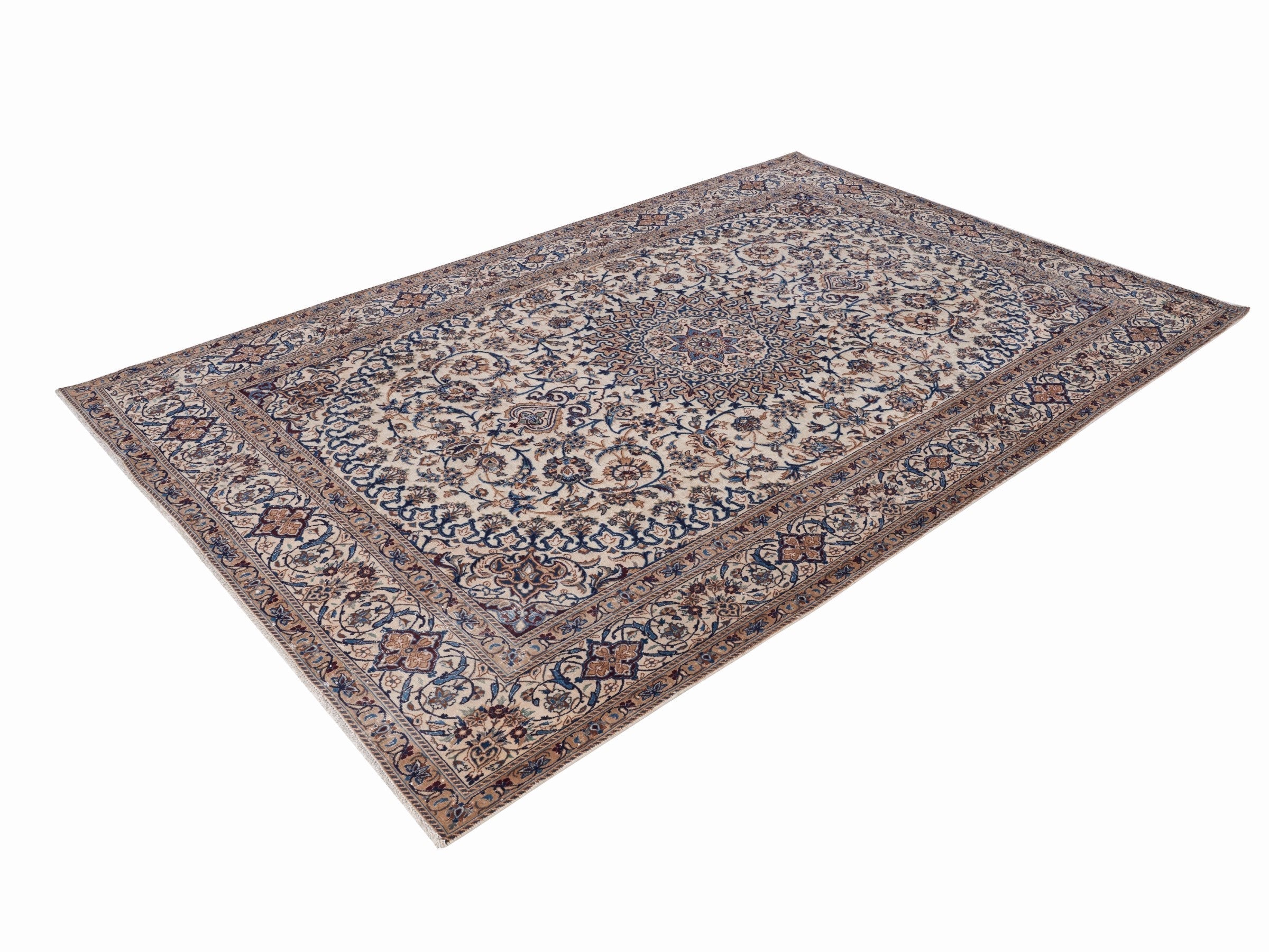 Persian Kashan oversized rug in cream and navy, view 3 of 15