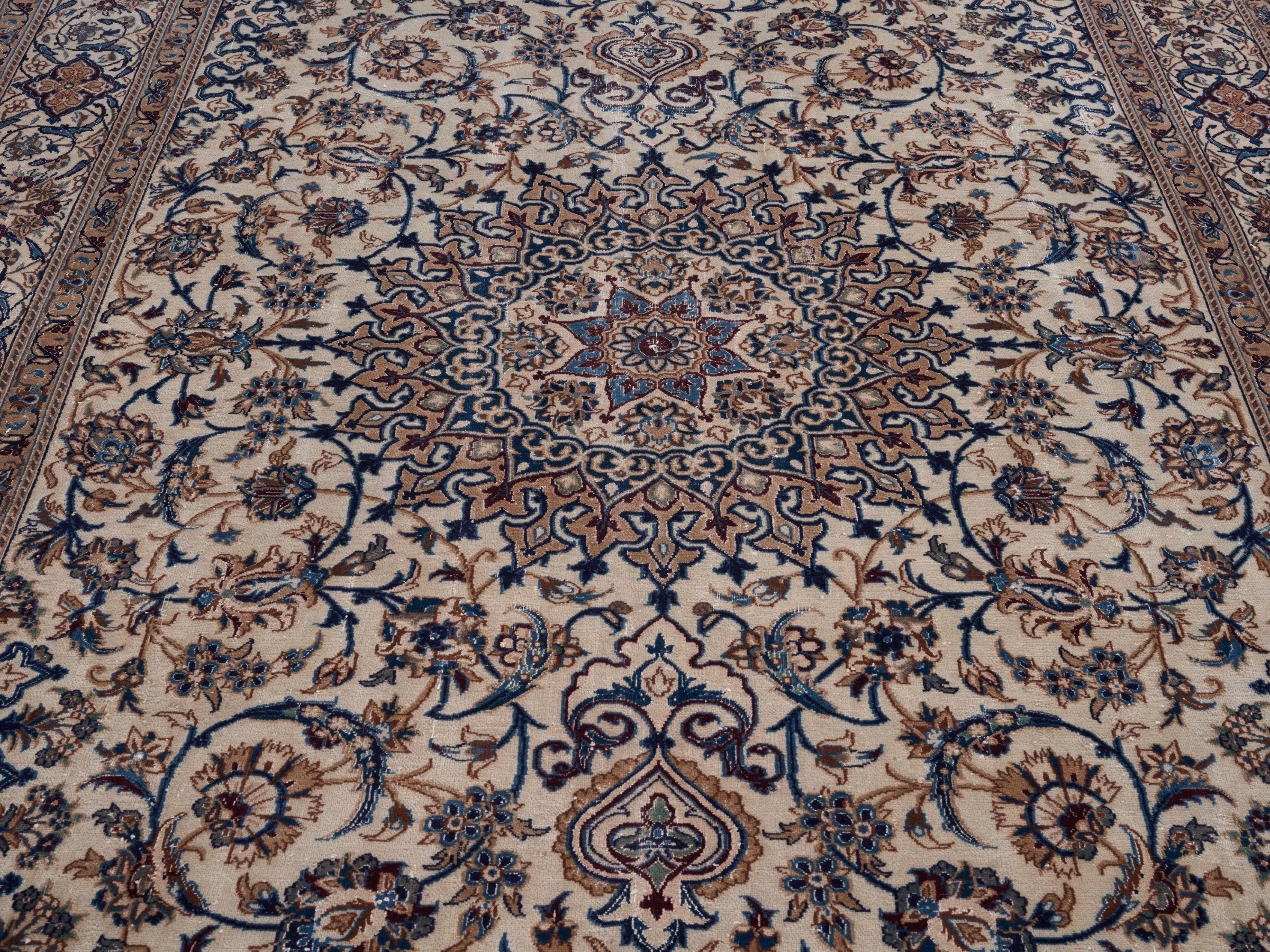 Persian Kashan oversized rug in cream and navy, view 4 of 15