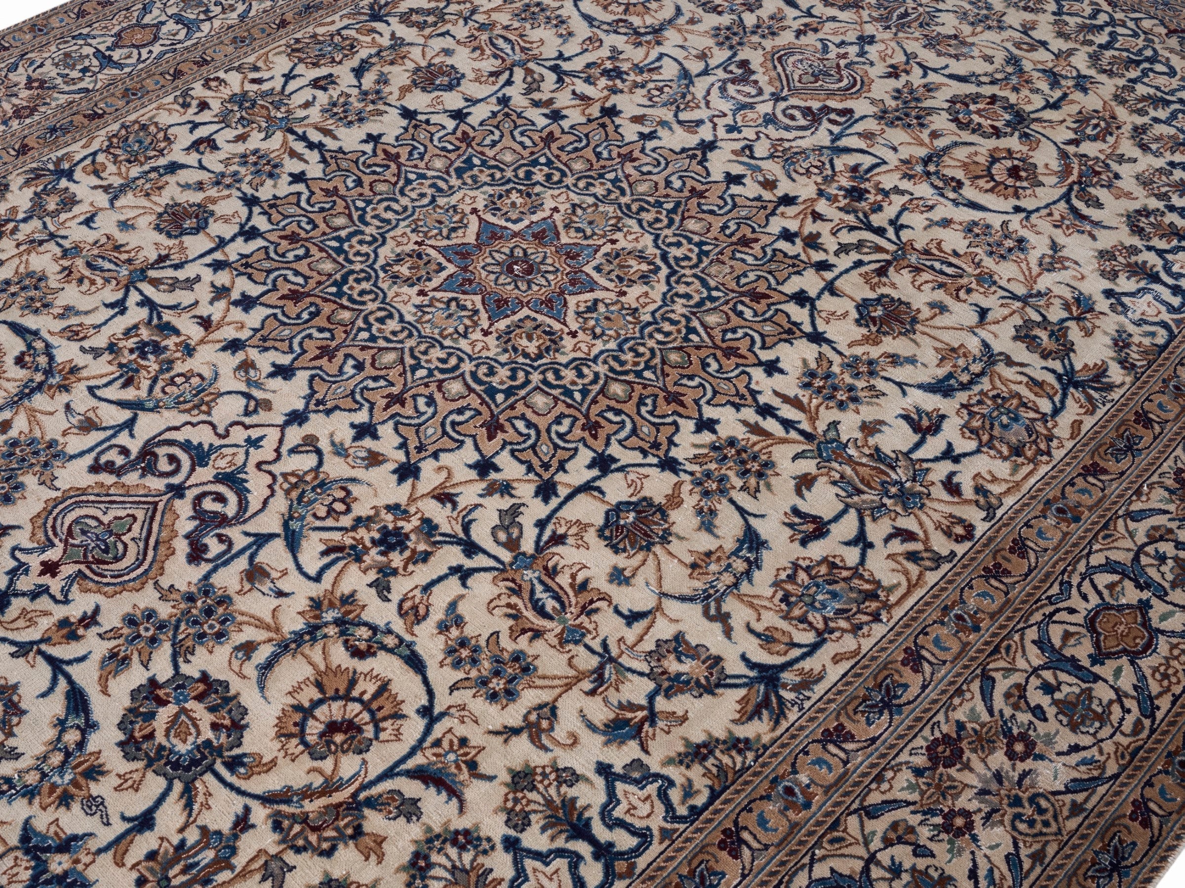 Persian Kashan oversized rug in cream and navy, view 5 of 15