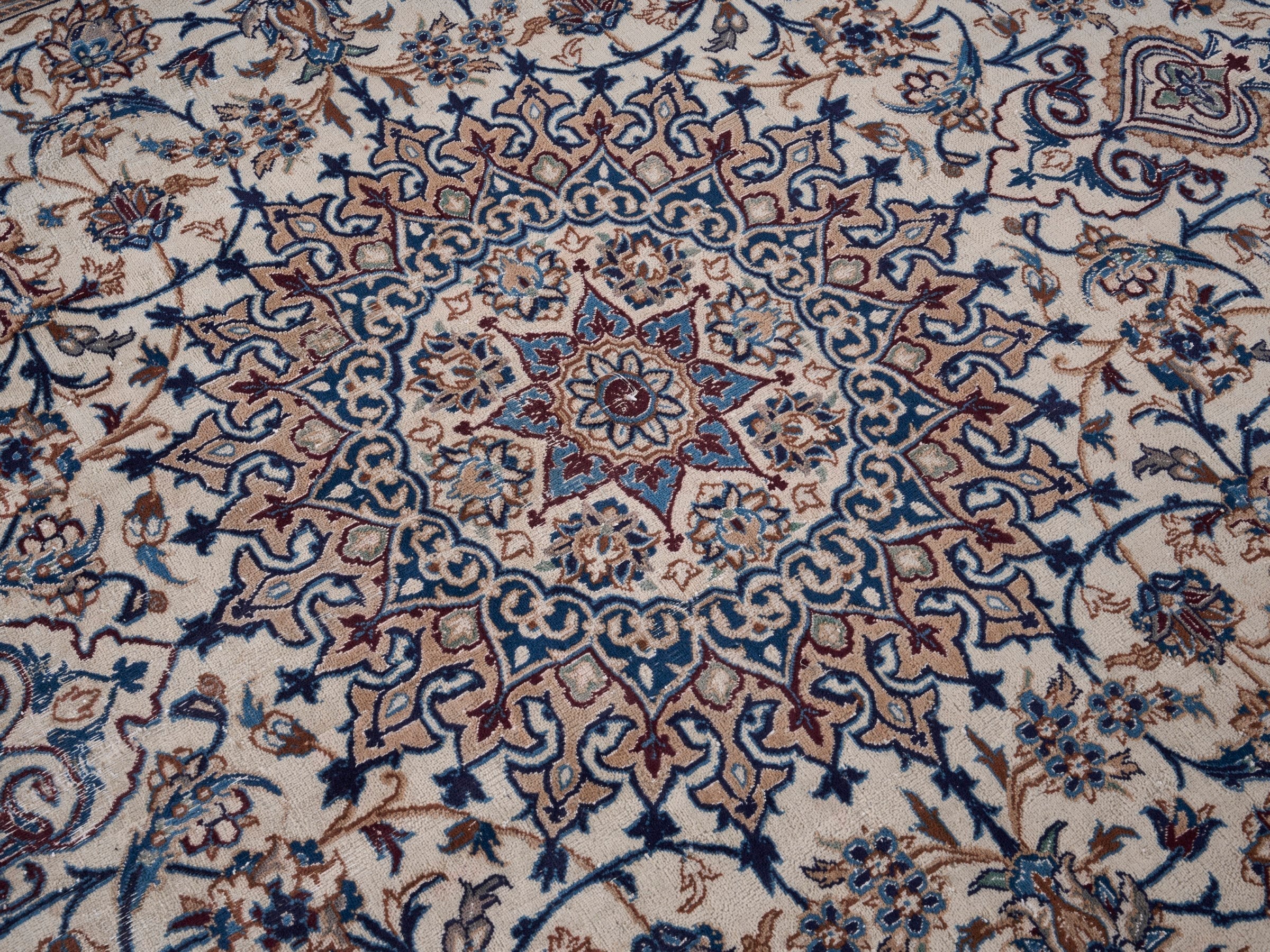 Persian Kashan oversized rug in cream and navy, view 12 of 15
