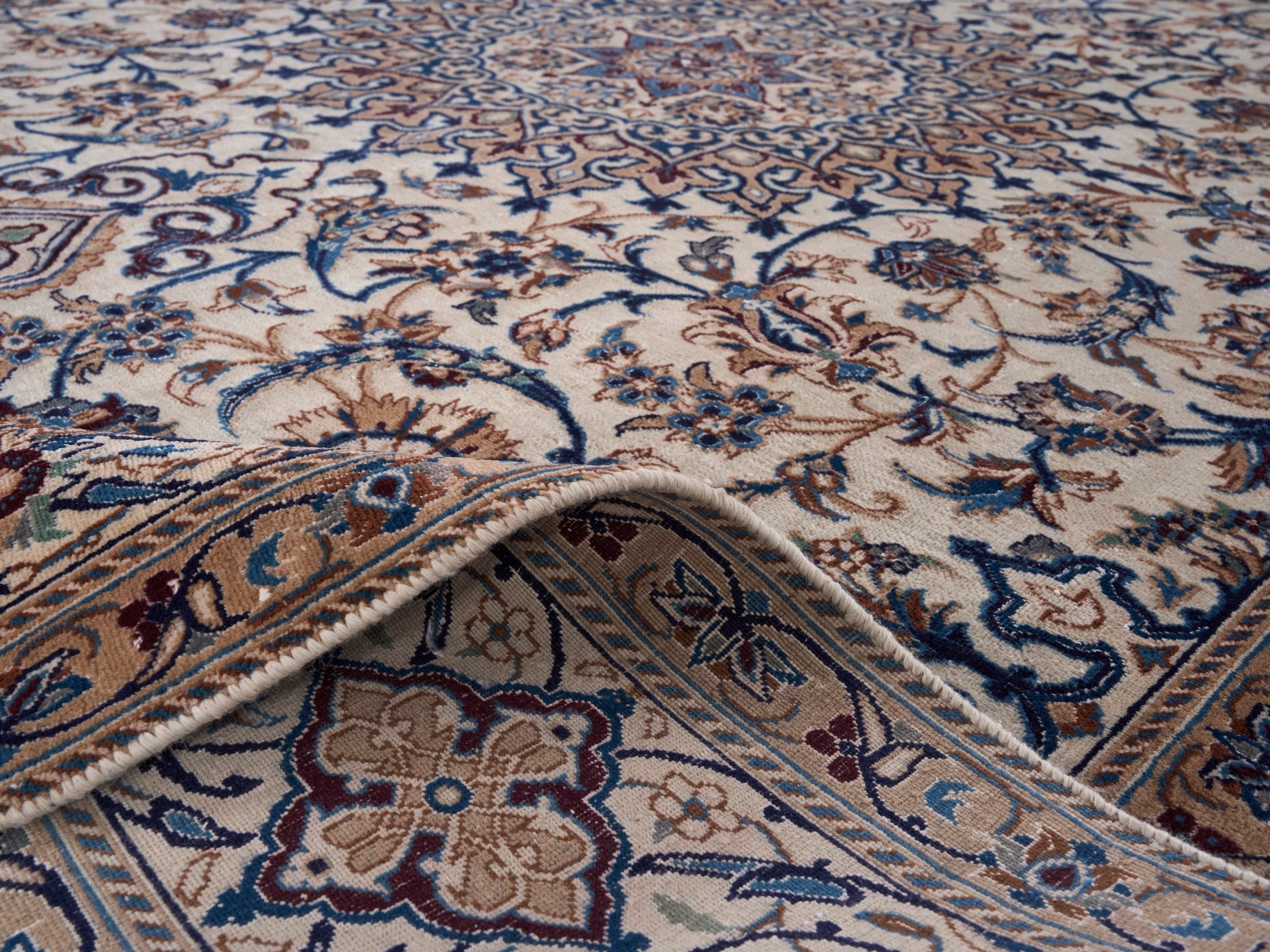Persian Kashan oversized rug in cream and navy, view 14 of 15