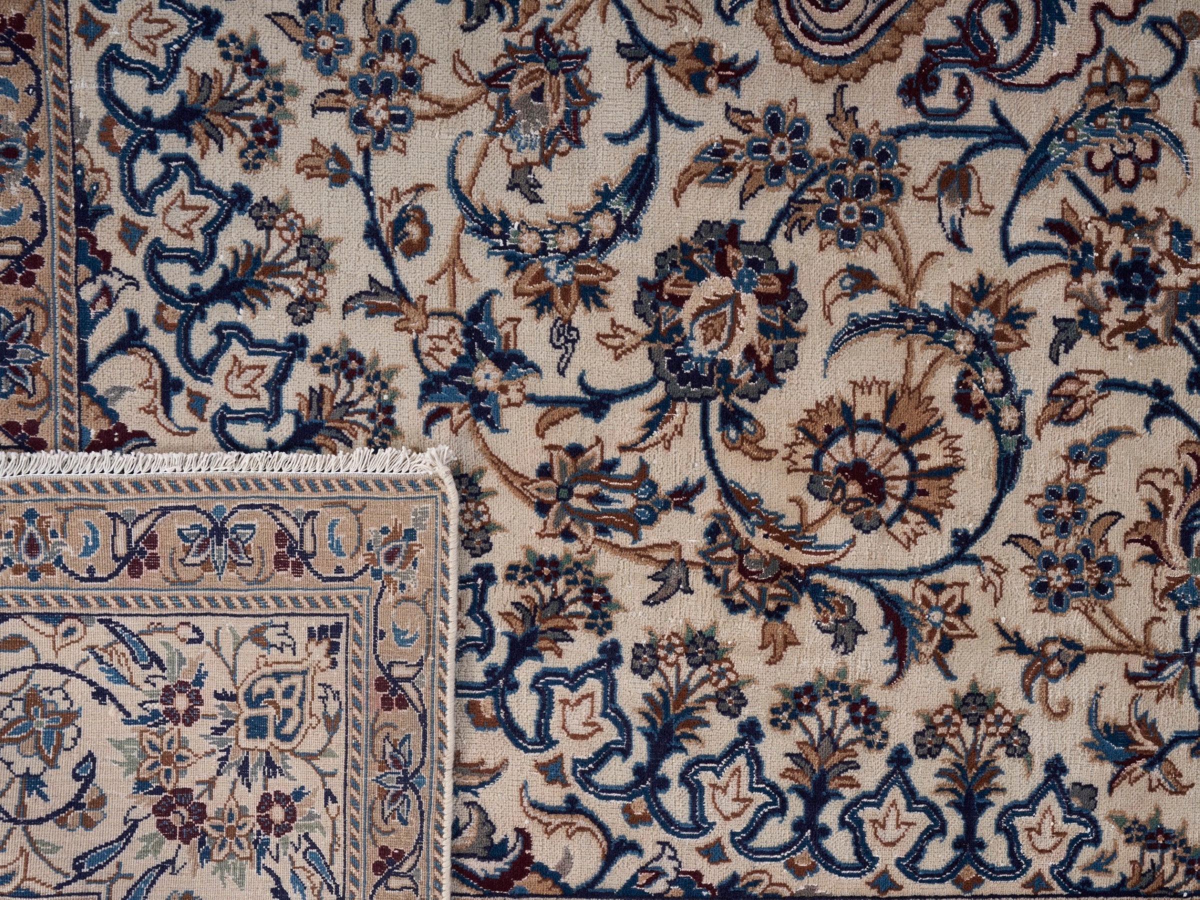 Persian Kashan oversized rug in cream and navy, view 15 of 15