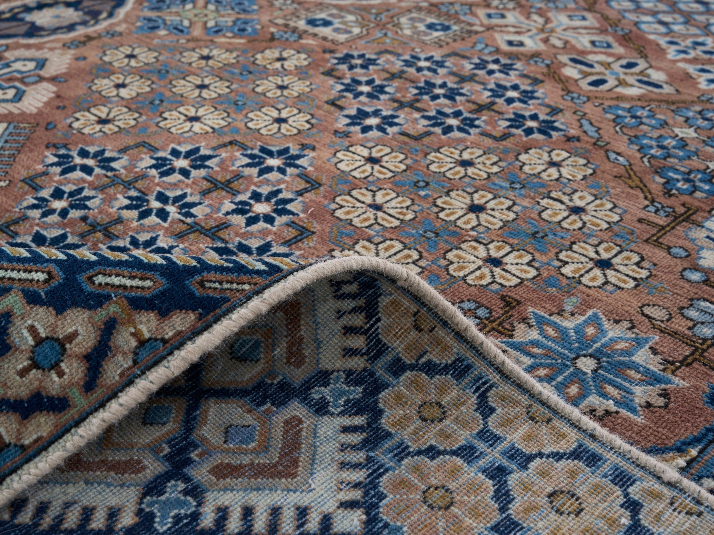 Persian Kashan oversized rug in rust and navy, view 14 of 15