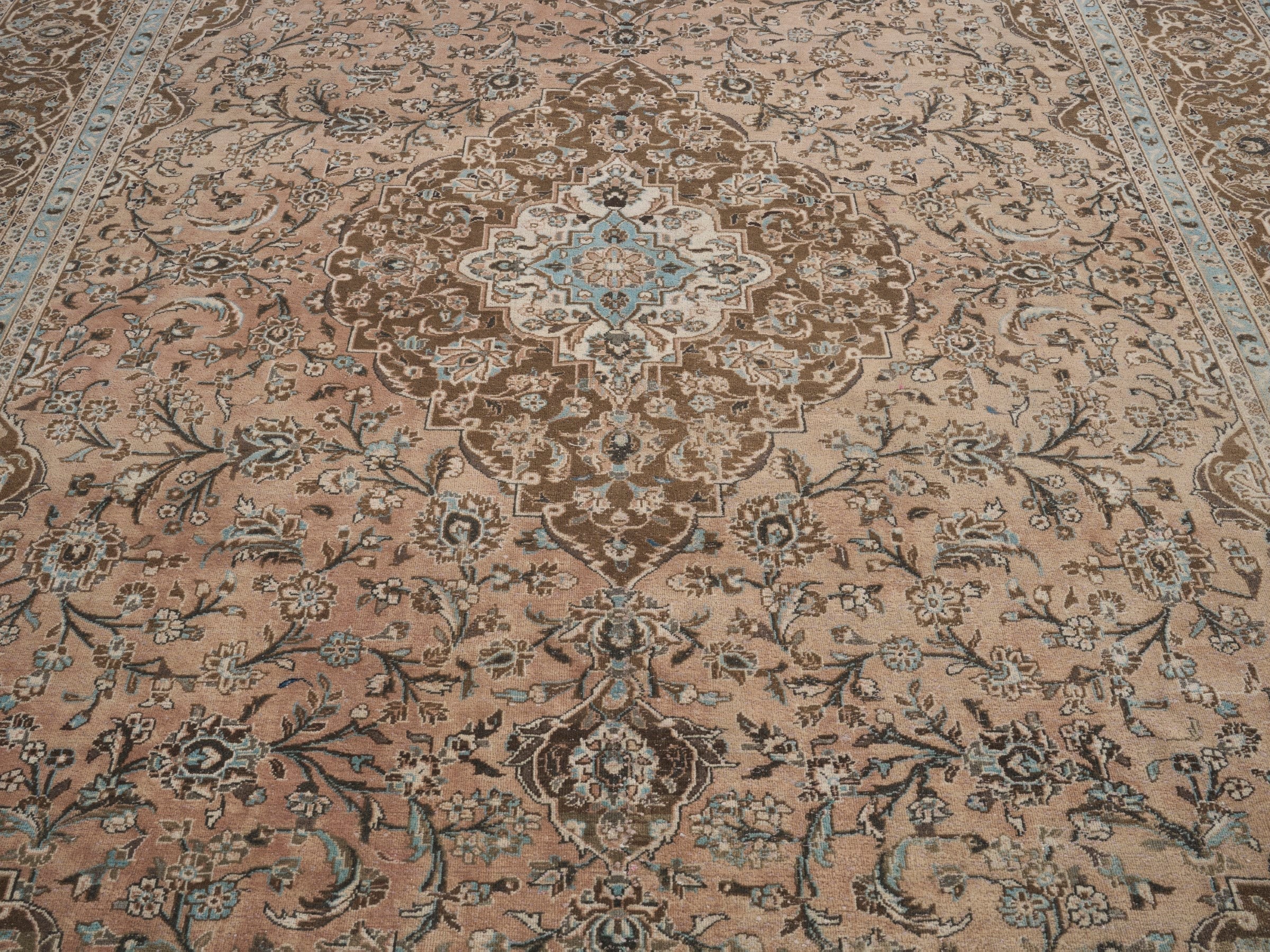 Persian Kashan oversized rug in tan and brown, view 4 of 15