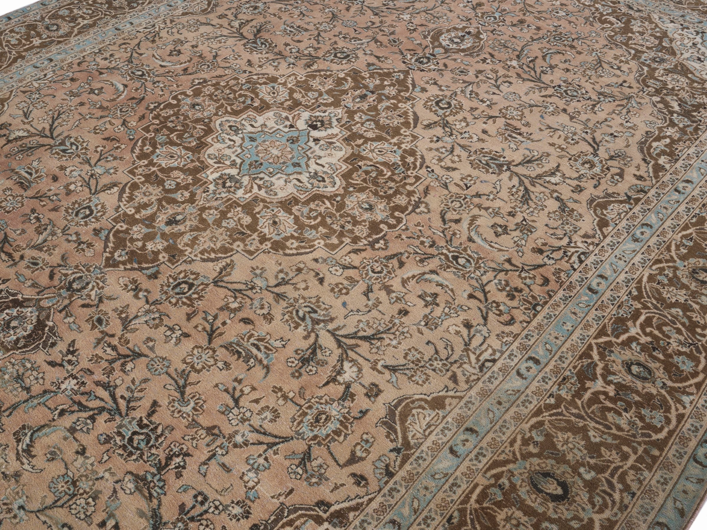 Persian Kashan oversized rug in tan and brown, view 5 of 15