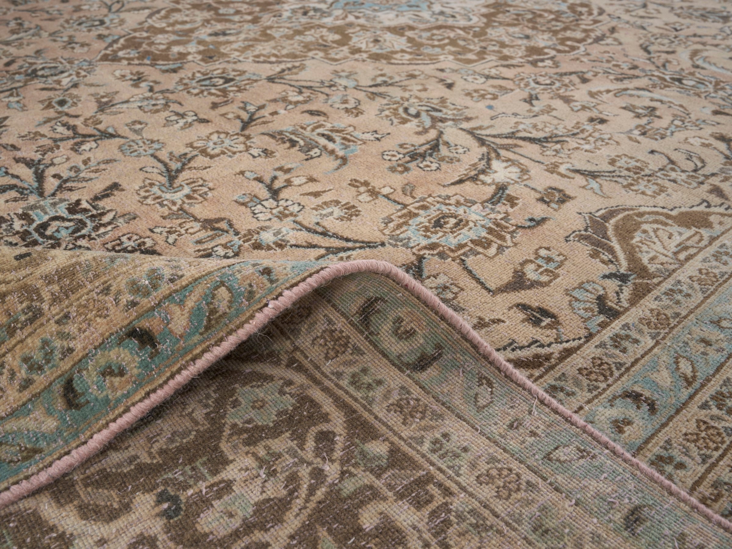 Persian Kashan oversized rug in tan and brown, view 14 of 15