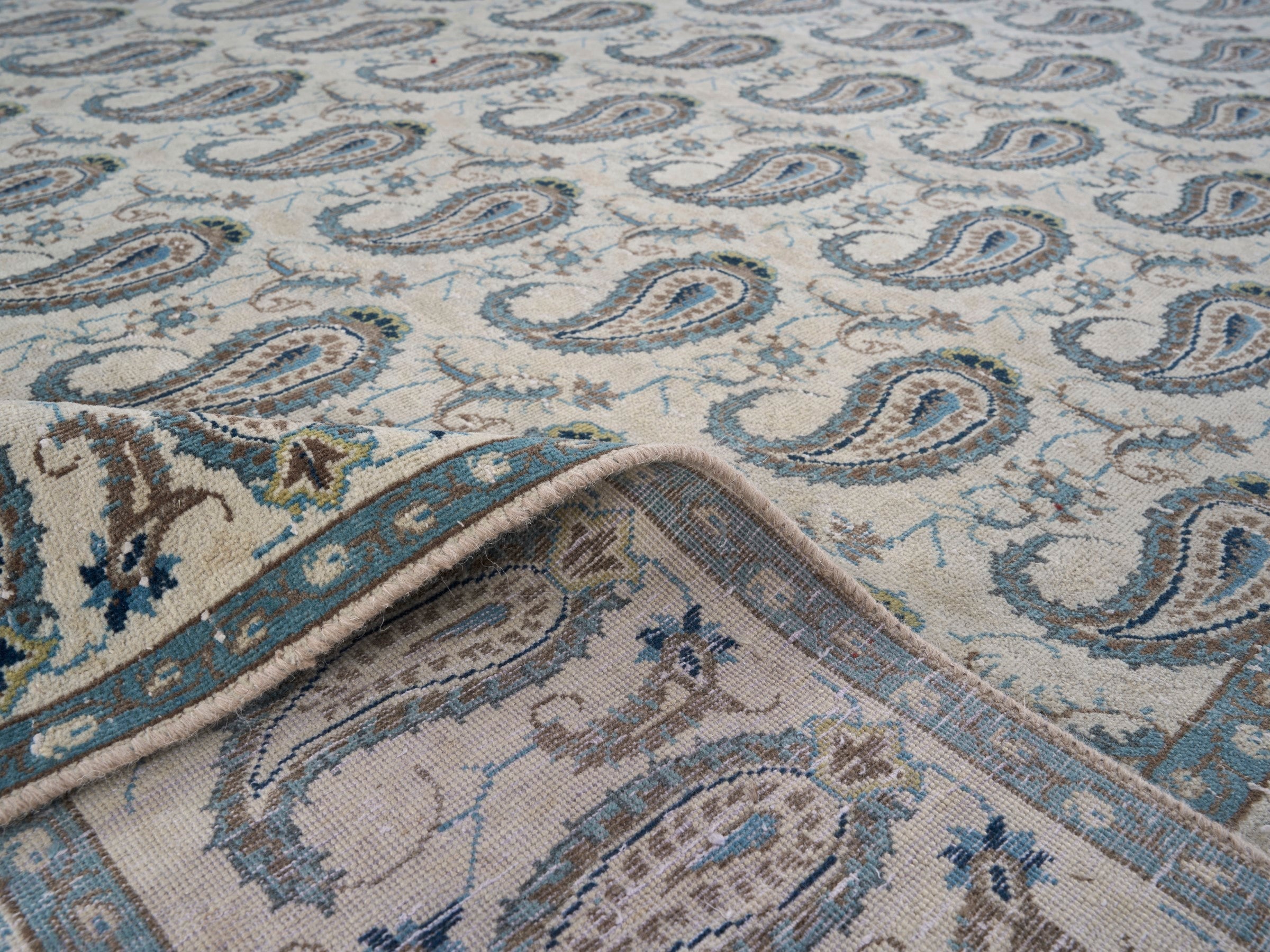 Persian Kashan oversized rug in light gray and slate blue, view 14 of 15