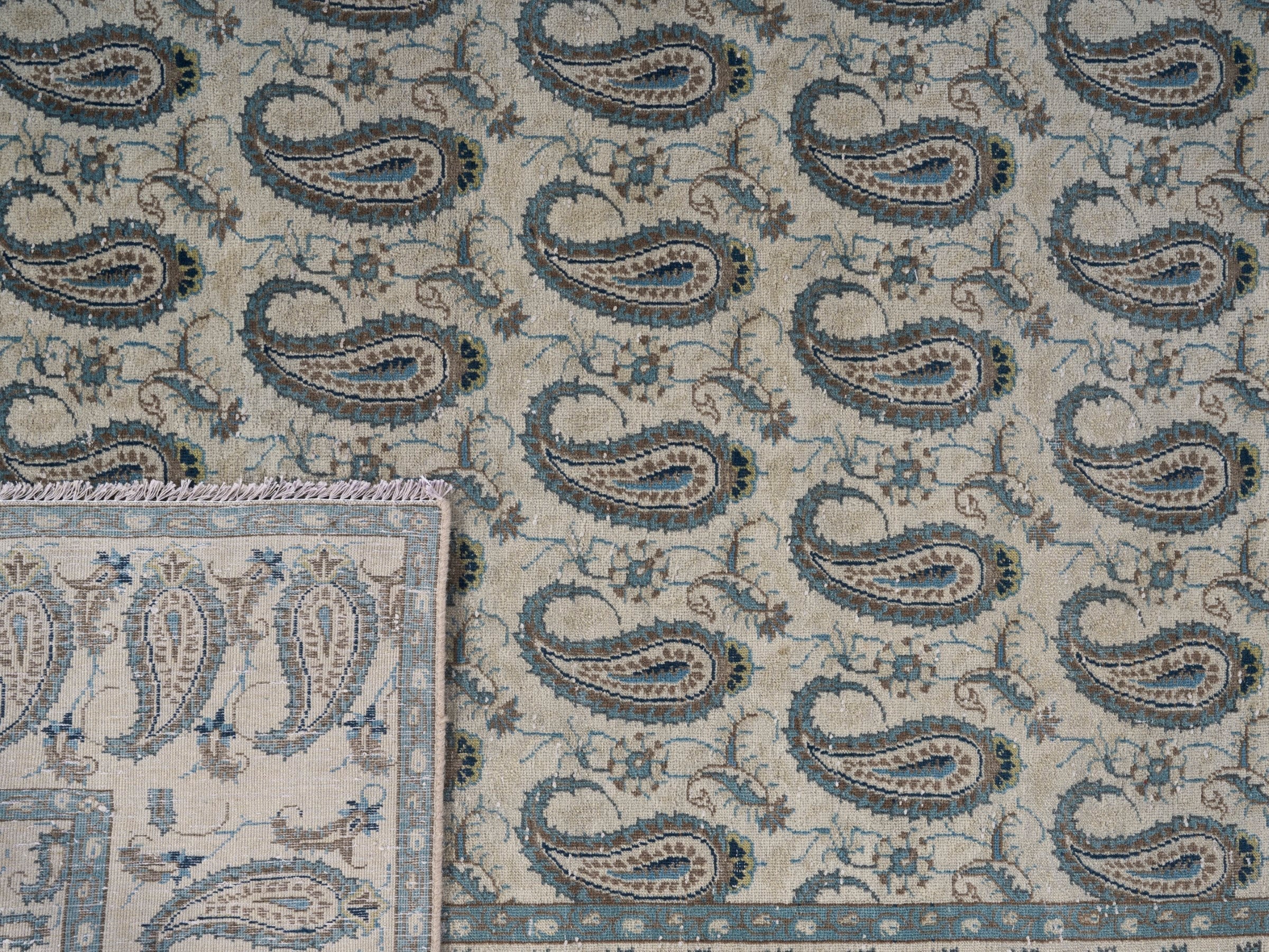 Persian Kashan oversized rug in light gray and slate blue, view 15 of 15