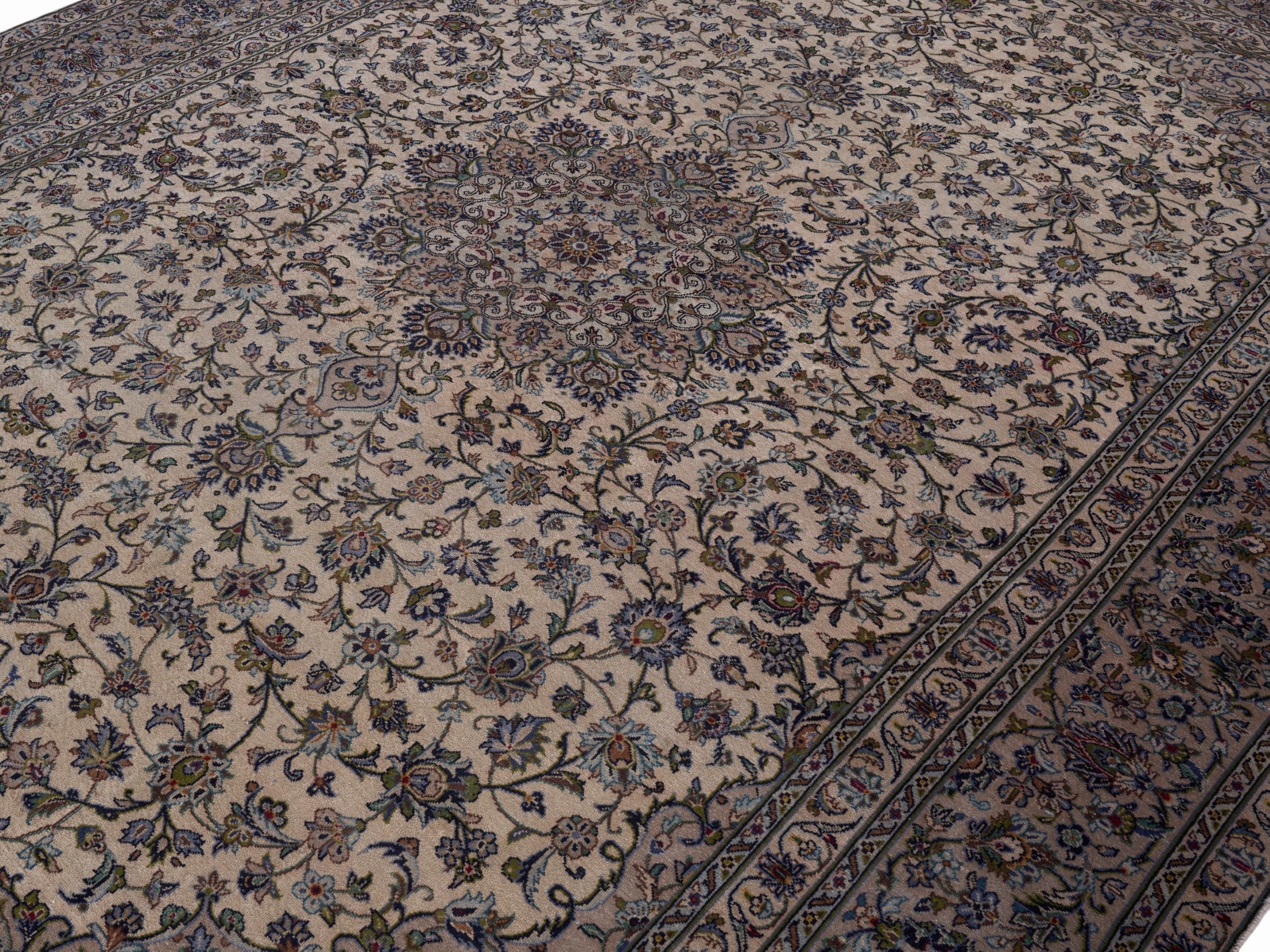 Persian Kashan oversized rug in cream and muted pink, view 5 of 15
