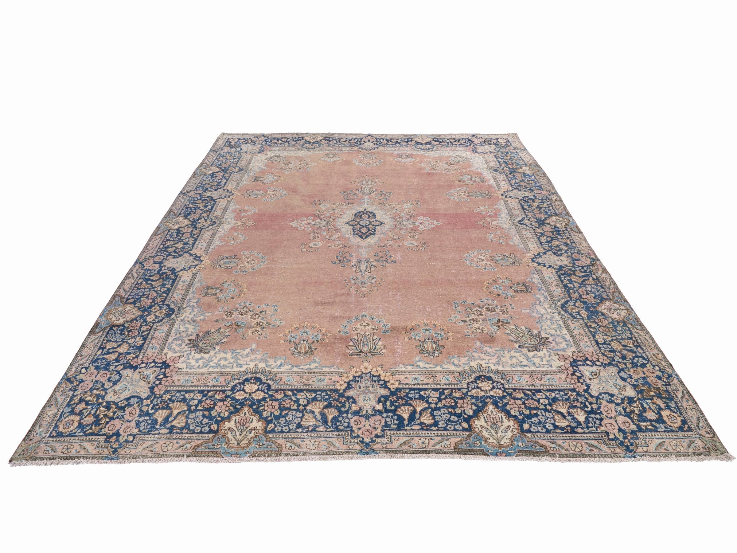 Persian Kerman oversized rug in muted pink and navy, view 2 of 15