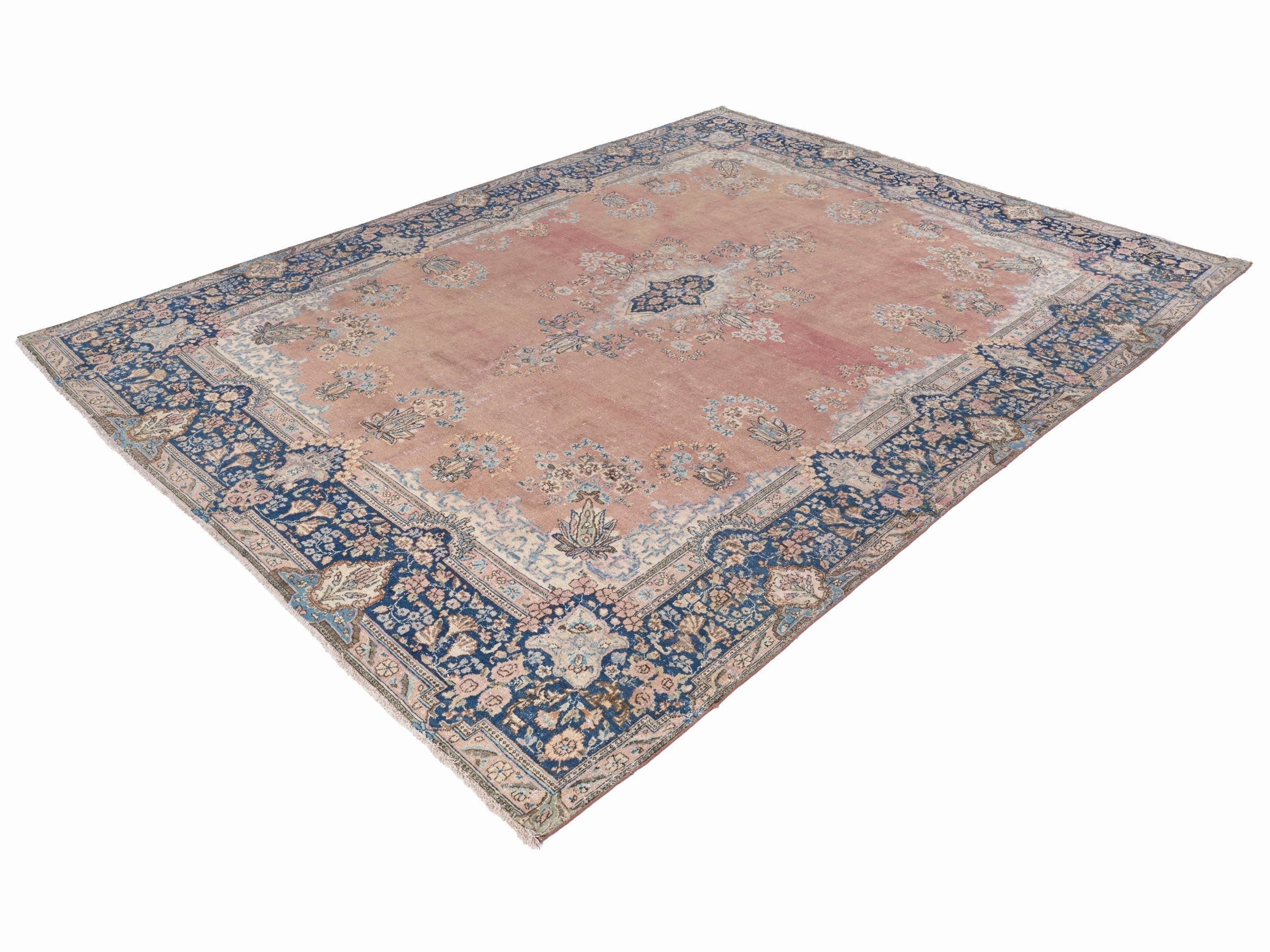 Persian Kerman oversized rug in muted pink and navy, view 3 of 15