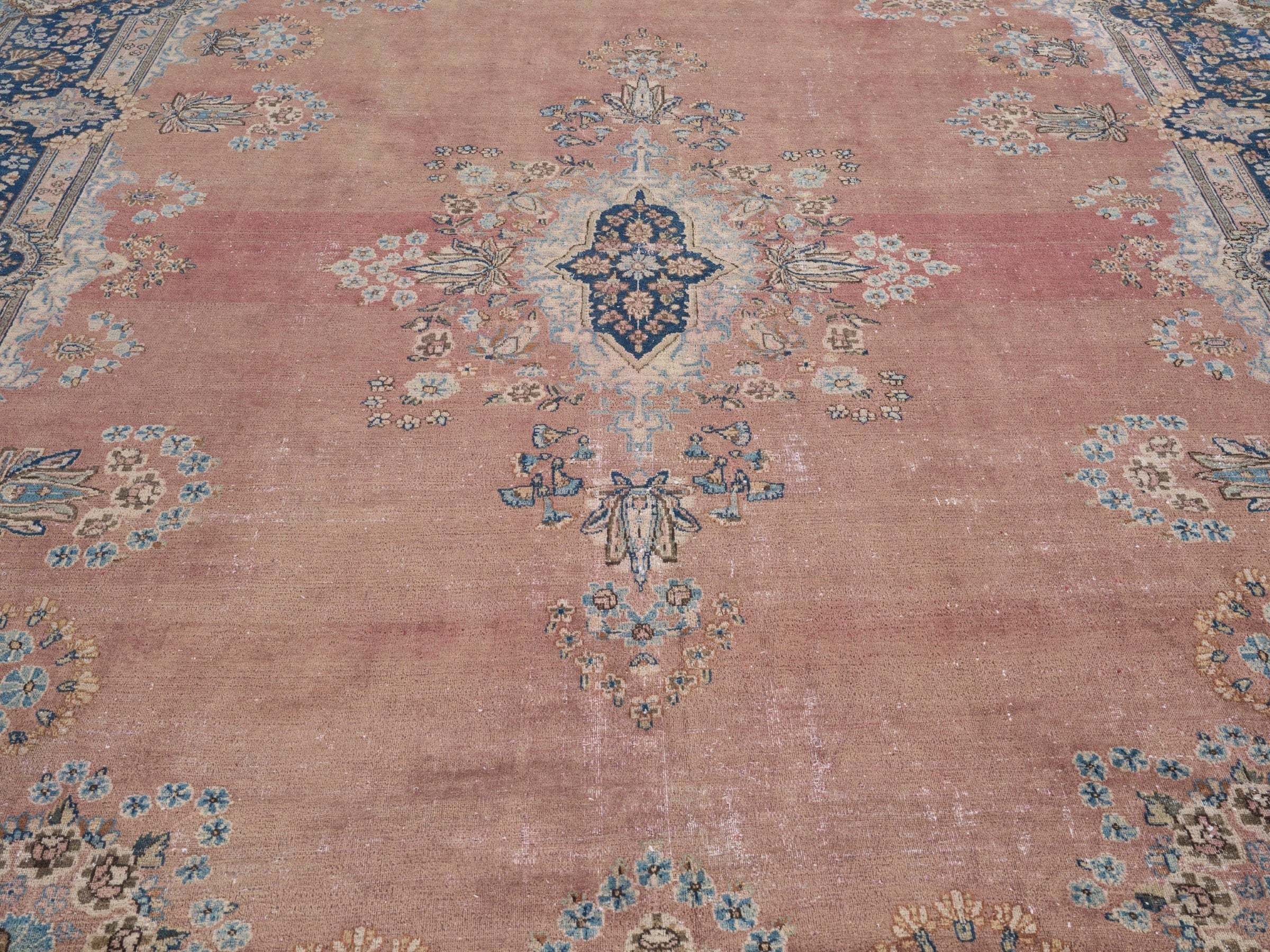 Persian Kerman oversized rug in muted pink and navy, view 4 of 15