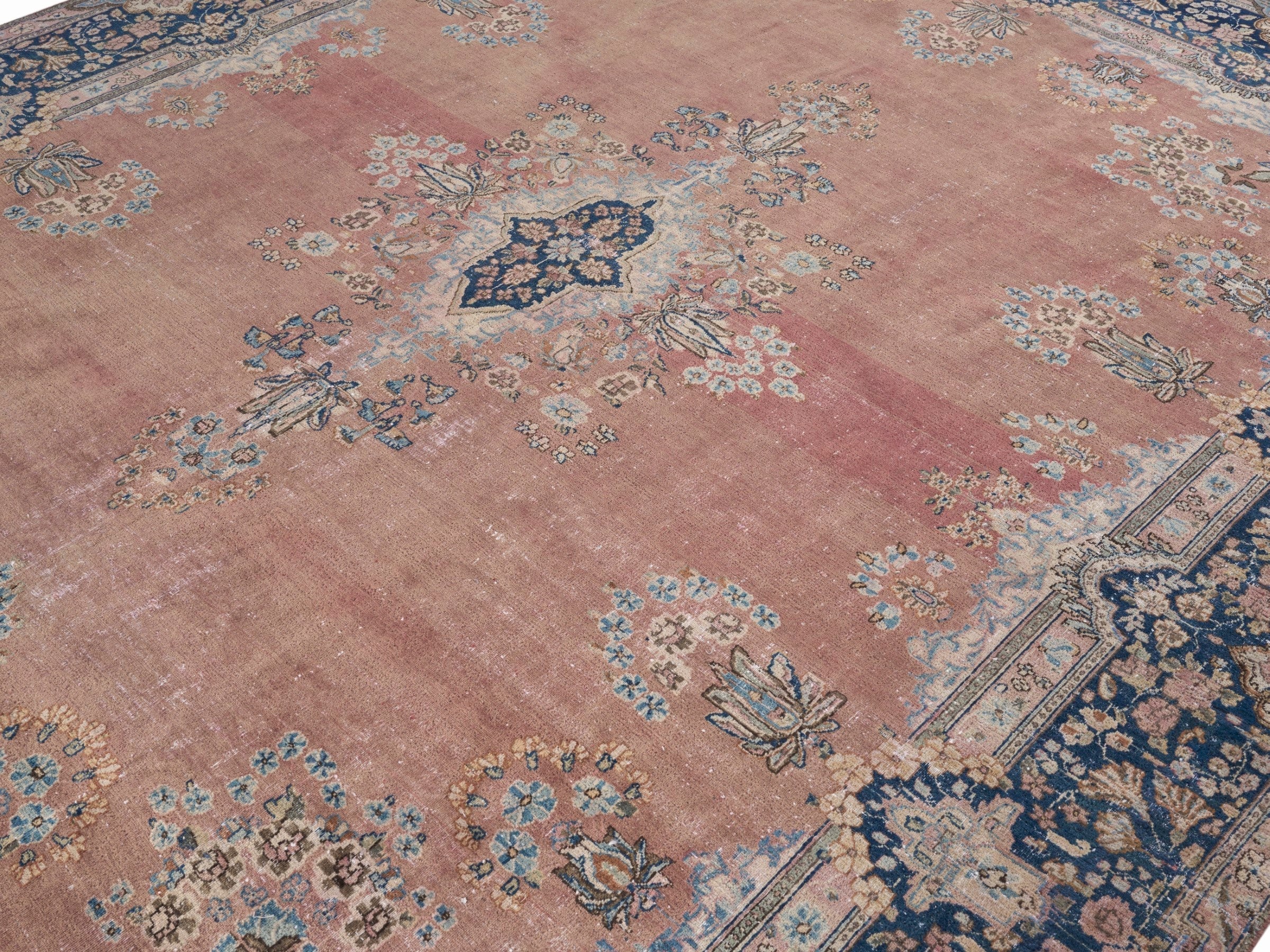 Persian Kerman oversized rug in muted pink and navy, view 5 of 15