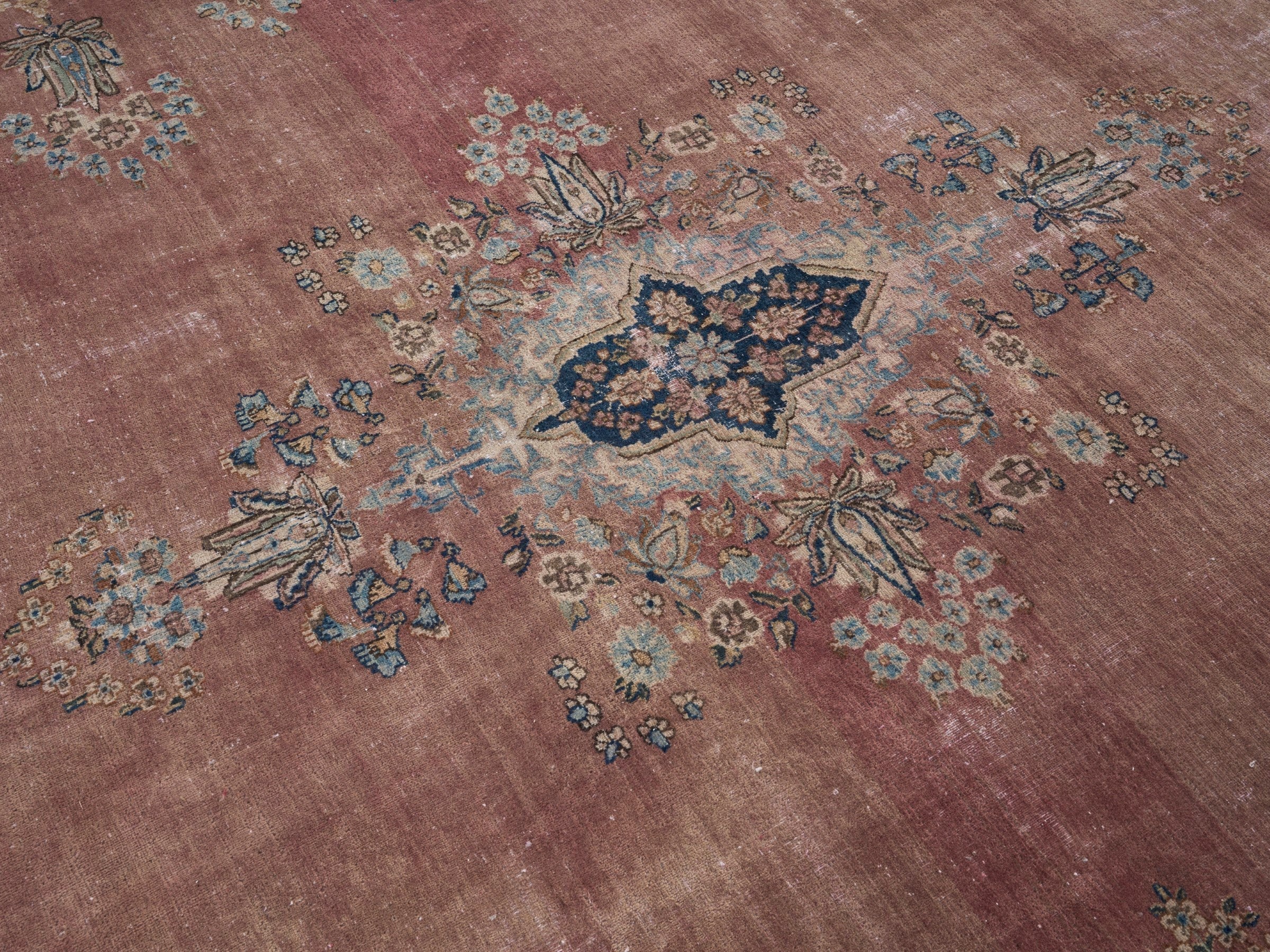 Persian Kerman oversized rug in muted pink and navy, view 12 of 15