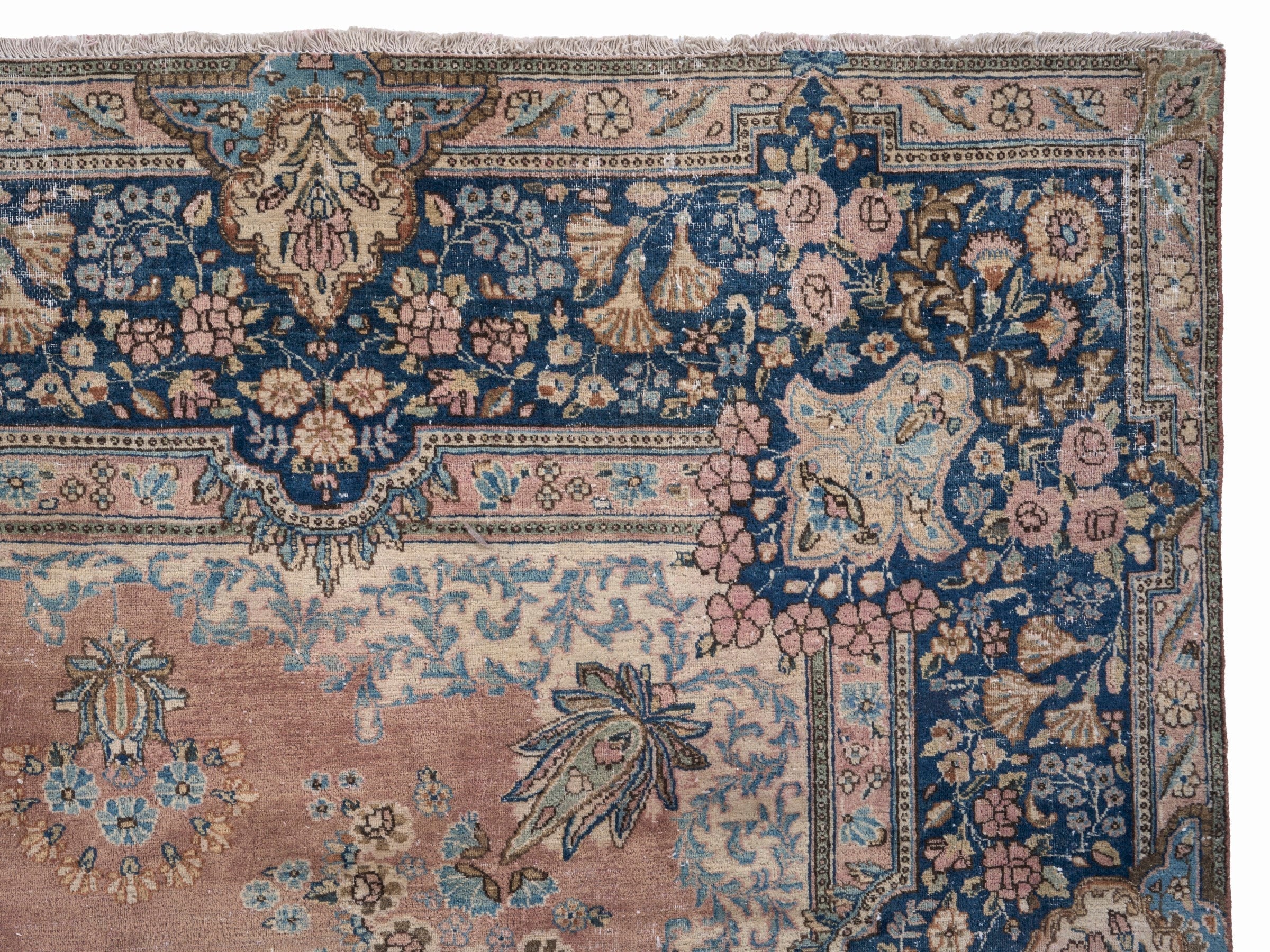 Persian Kerman oversized rug in muted pink and navy, view 13 of 15