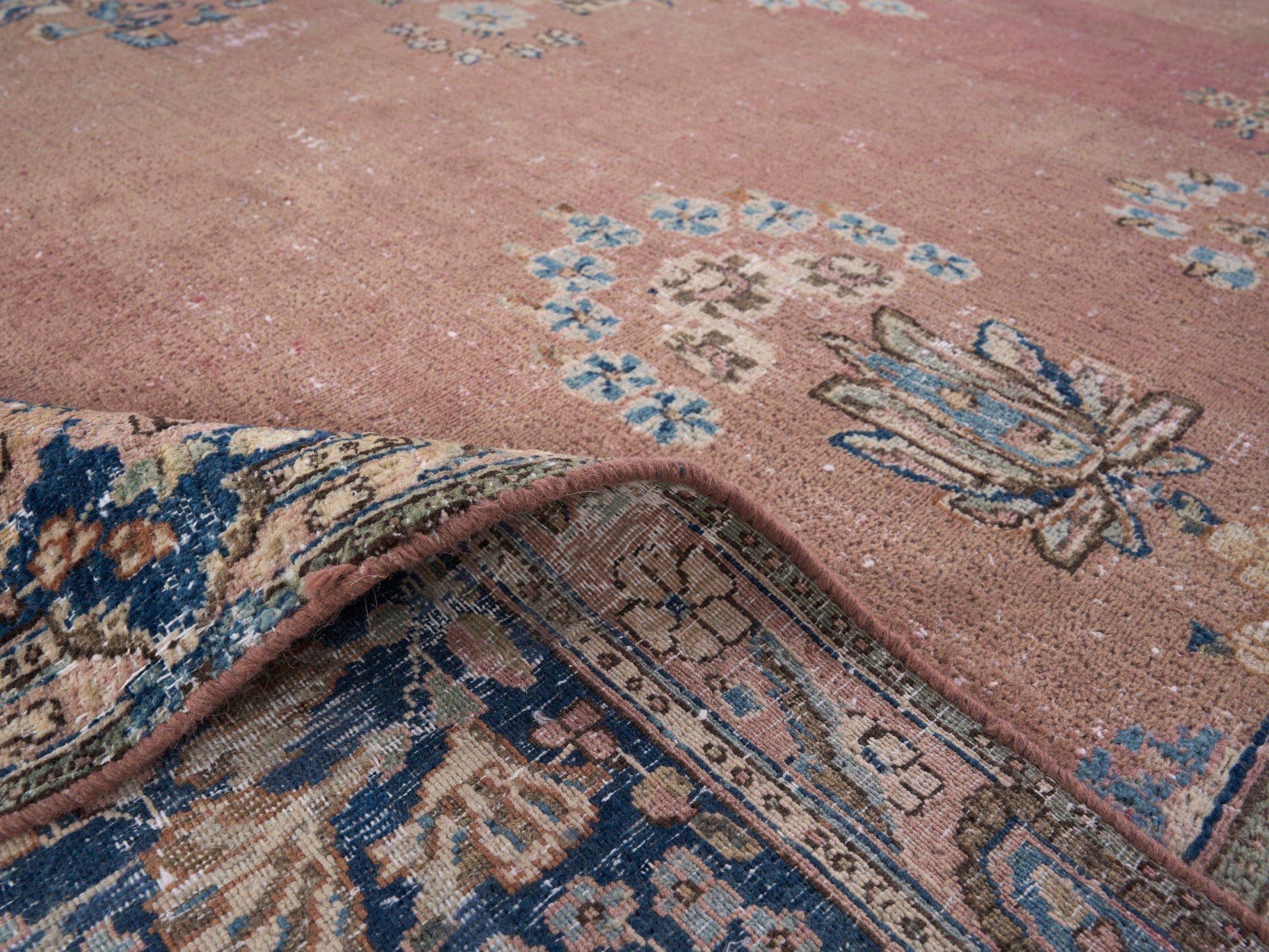 Persian Kerman oversized rug in muted pink and navy, view 14 of 15