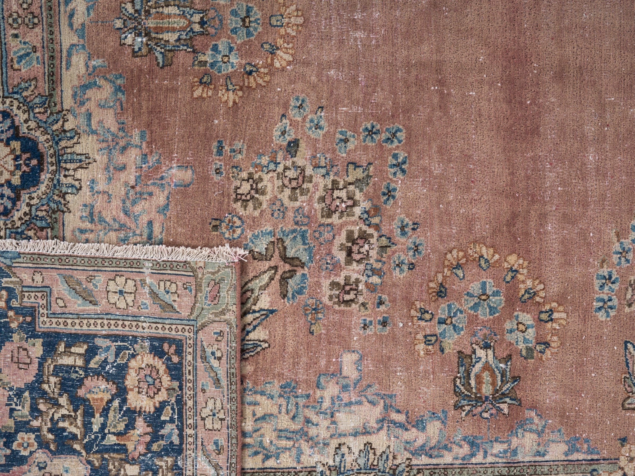 Persian Kerman oversized rug in muted pink and navy, view 15 of 15