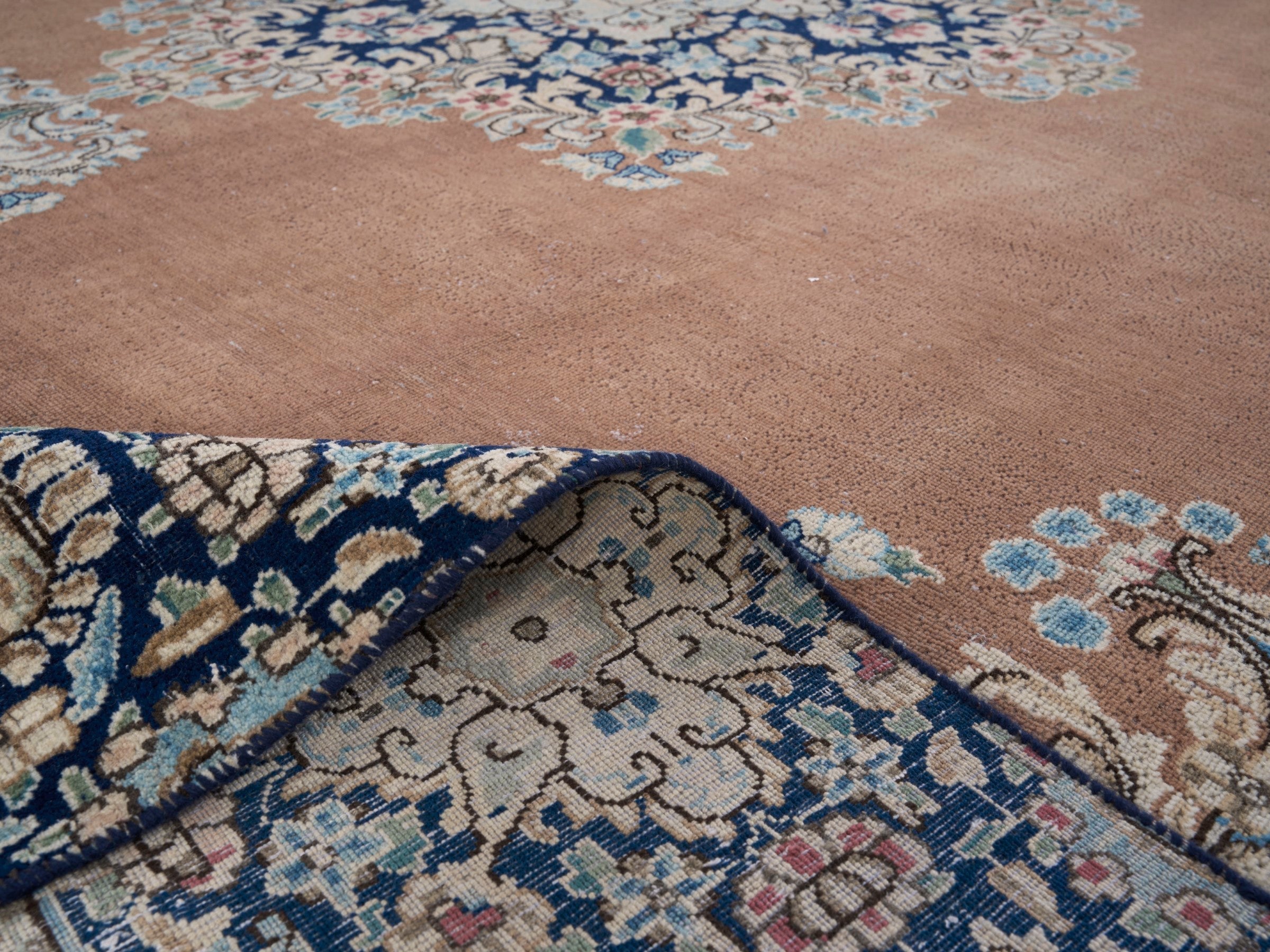 Persian Kerman oversized rug in terracotta and navy, view 14 of 15