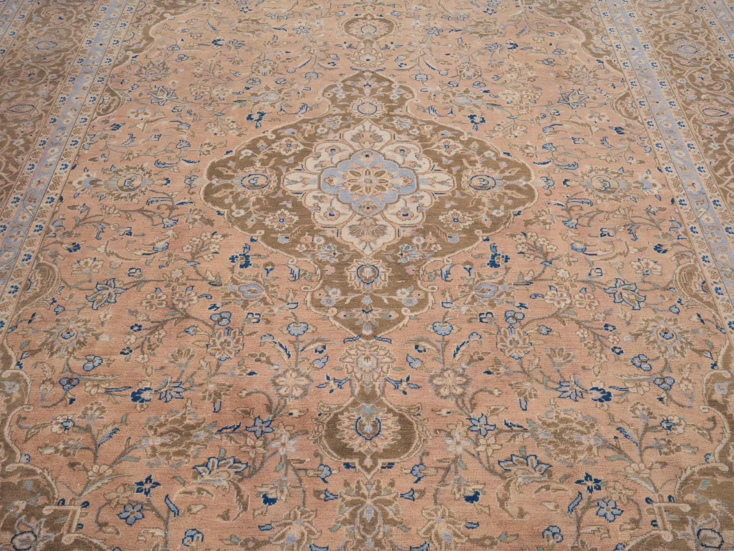 Persian Kashan oversized rug in tan and antique gold, view 4 of 15
