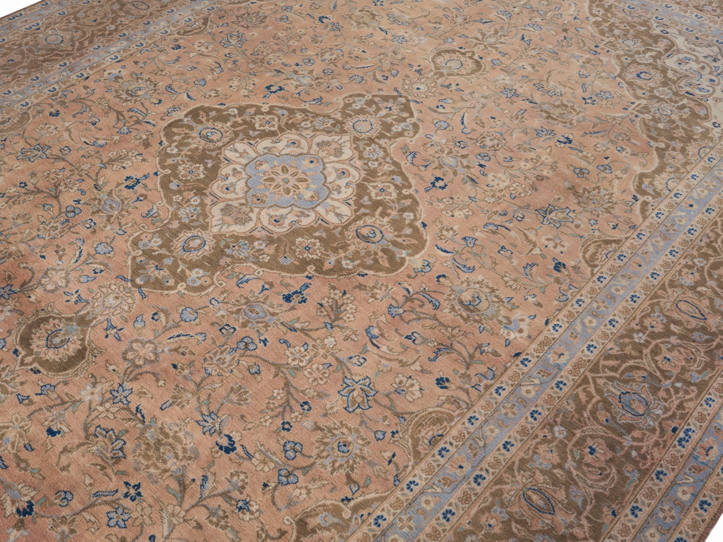 Persian Kashan oversized rug in tan and antique gold, view 5 of 15