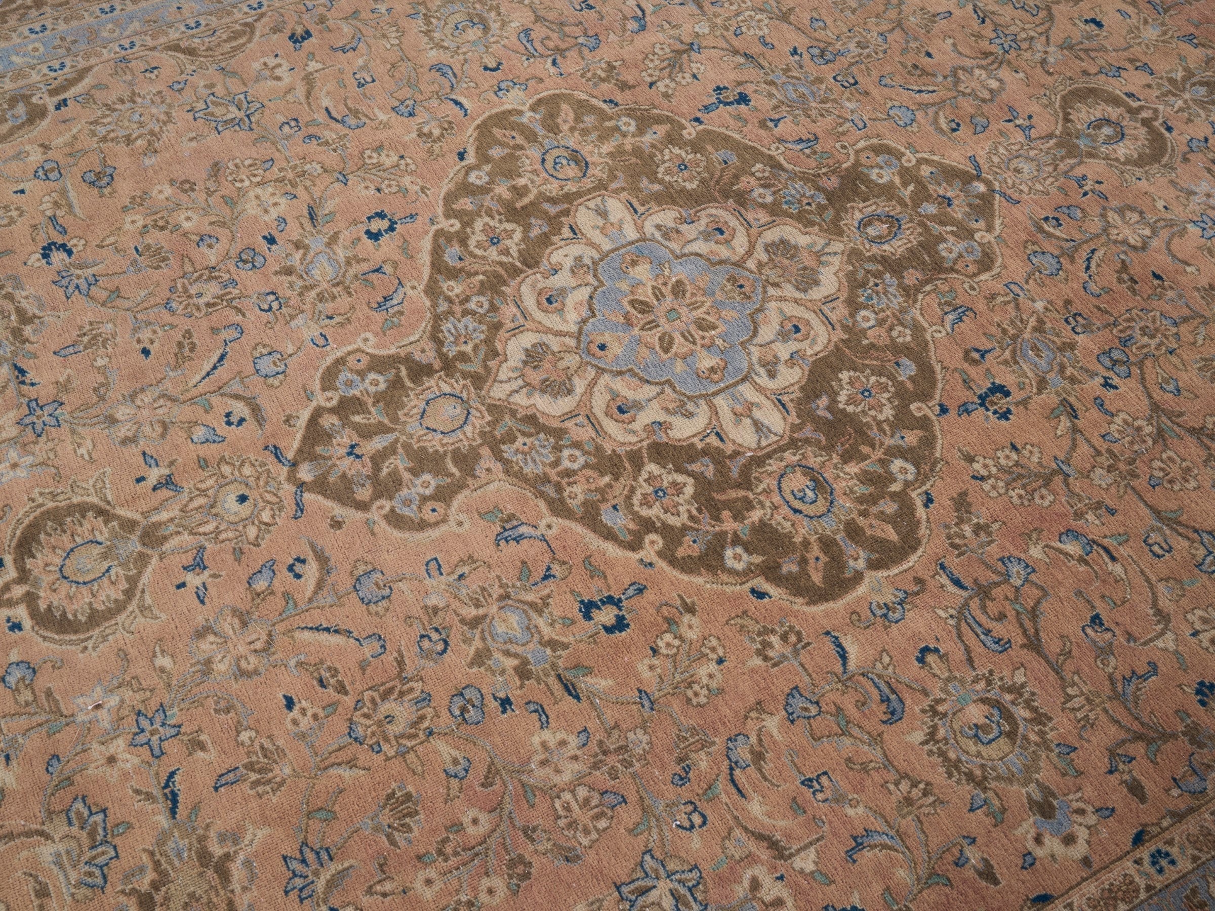 Persian Kashan oversized rug in tan and antique gold, view 12 of 15